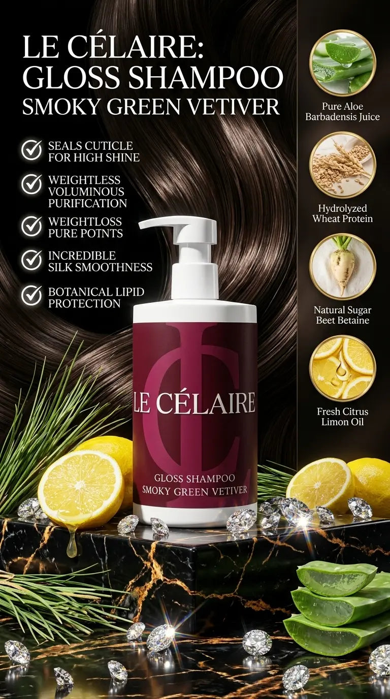 Le Célaire Gloss Shampoo bottle in 'Smoky Green Vetiver' scent, displayed on a dark marble surface with decorative elements including lemons, green leaves, pine needles, and diamonds. The background is a dark hair texture with product benefits listed on the left and ingredient icons on the right.
