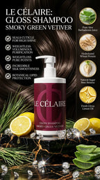 Le Célaire Gloss Shampoo bottle in 'Smoky Green Vetiver' scent, displayed on a dark marble surface with decorative elements including lemons, green leaves, pine needles, and diamonds. The background is a dark hair texture with product benefits listed on the left and ingredient icons on the right.