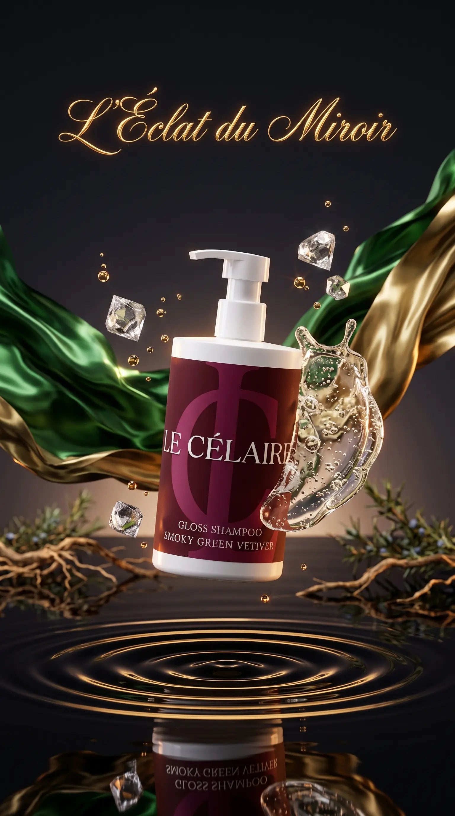 Le Célaire Gloss Shampoo bottle floating above a reflective dark surface, surrounded by green and gold flowing fabric, water droplets, and decorative natural elements. The bottle is white with a deep burgundy label and pump dispenser.