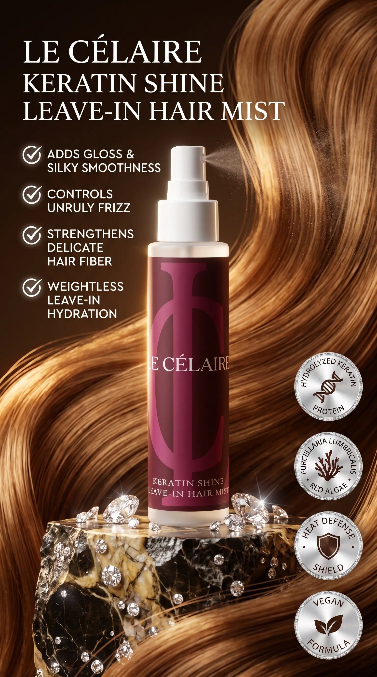 Le Célaire Keratin Shine Leave-In Hair Mist bottle centered on a dark brown background with flowing golden-brown hair, product claims text on the left, and circular certification badges on the right.