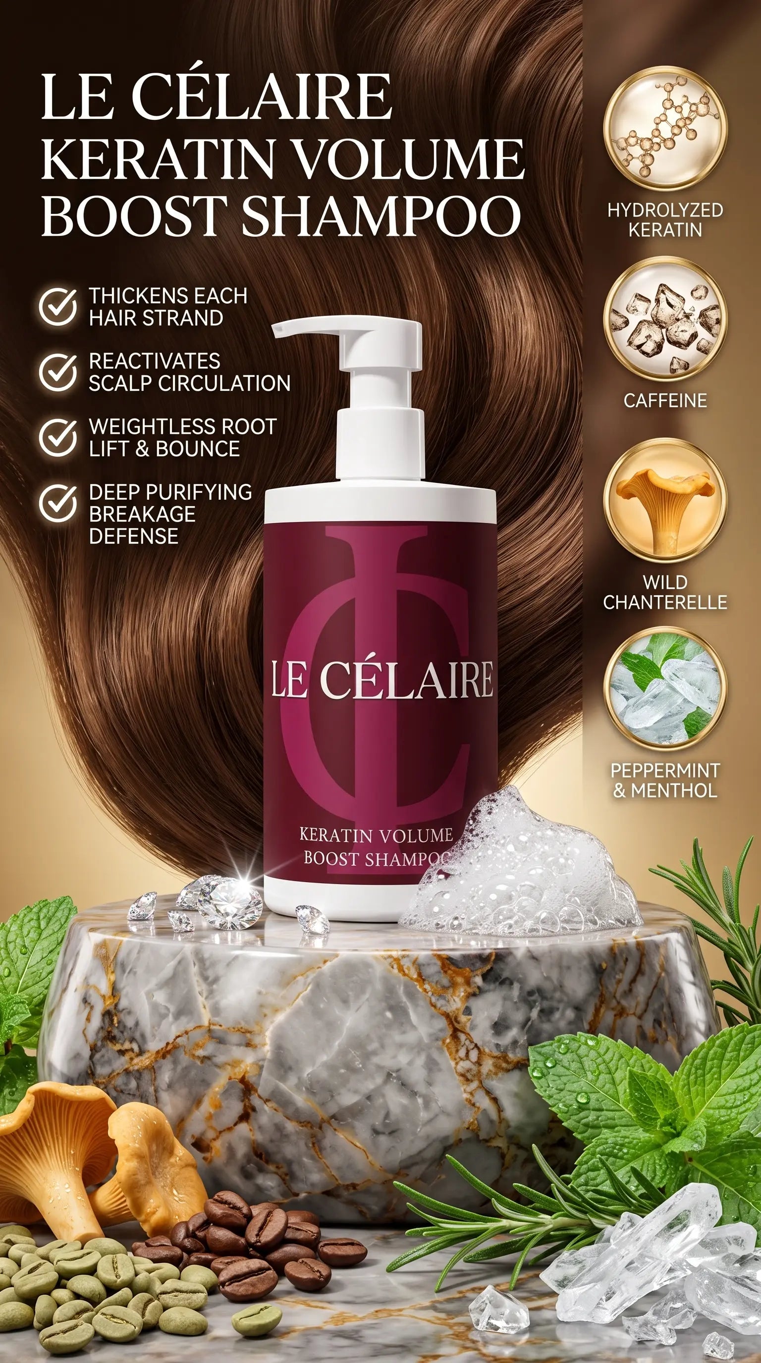 Le Célaire Keratin Volume Boost Shampoo bottle displayed on a marble pedestal with hair, coffee beans, mint, and other cosmetic-themed props in a promotional layout.