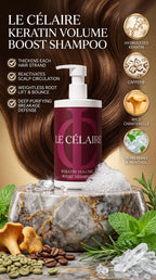 Le Célaire Keratin Volume Boost Shampoo bottle displayed on a marble pedestal with hair, coffee beans, mint, and other cosmetic-themed props in a promotional layout.