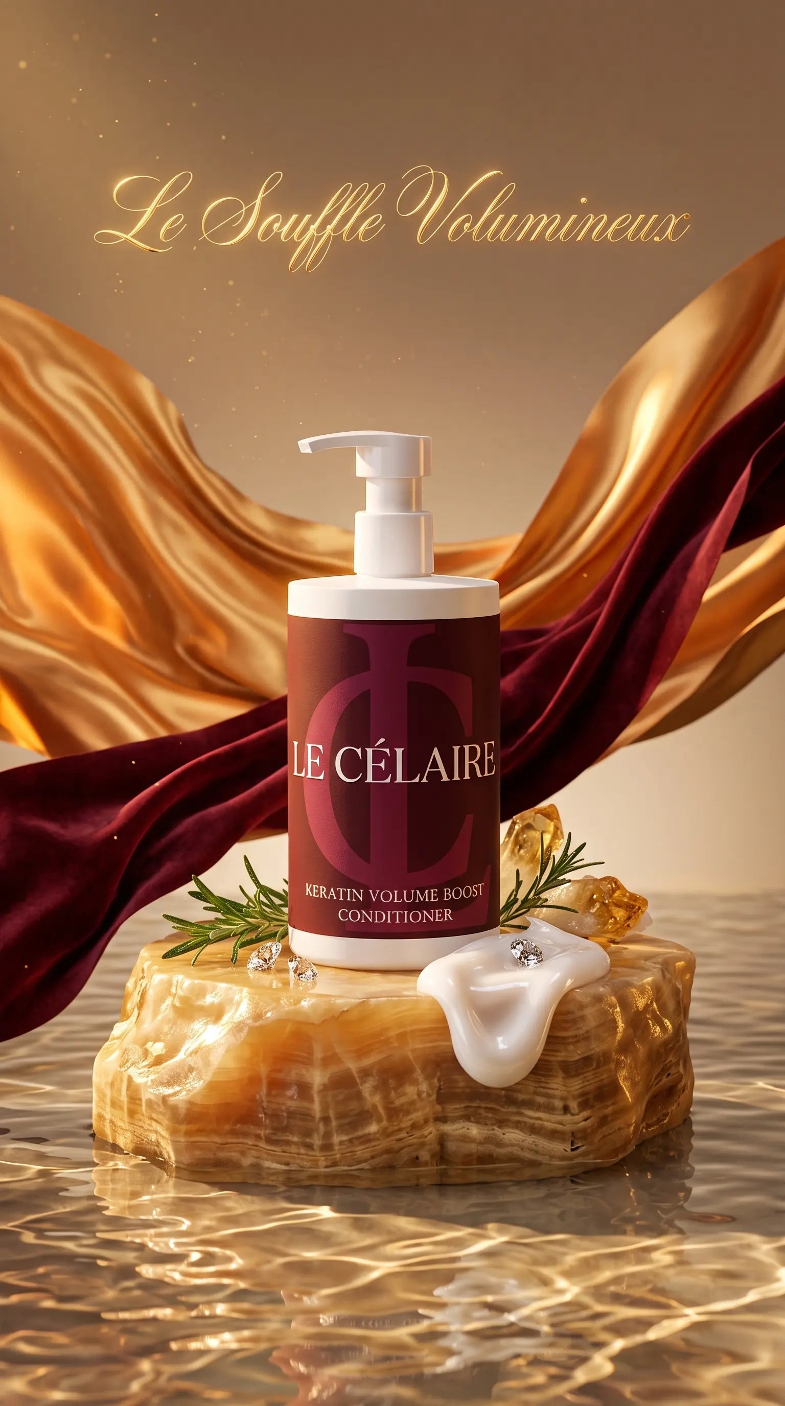 Le Célaire Meratin Volume Body Conditioner in a white pump bottle with a dark burgundy label, displayed on a polished gold stone pedestal with white cream dripping from the spout, set against a luxurious gold and burgundy draped background with the French text 'Le Souffle Volumineux'.