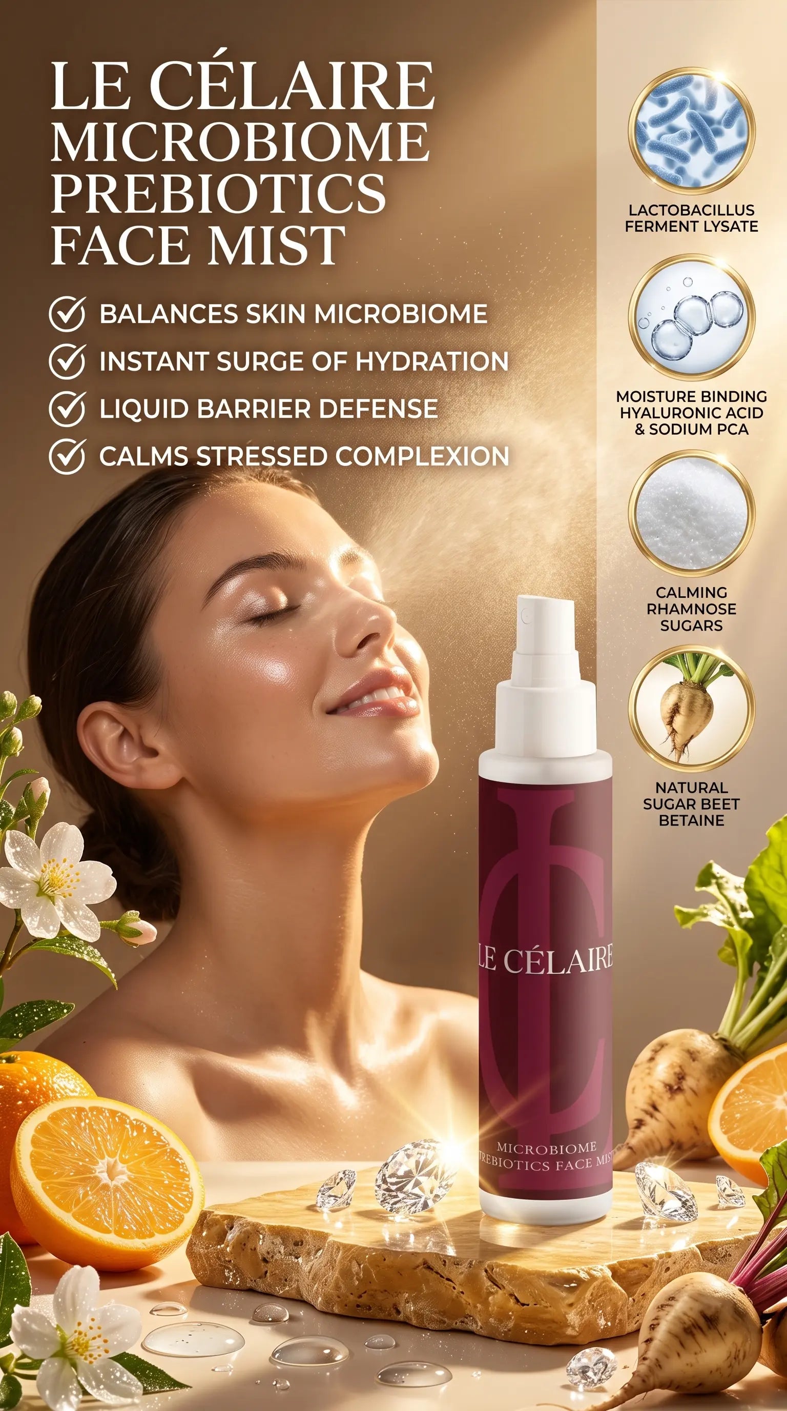 Le Célaire Microbiome Prebiotics Face Mist bottle shown in a promotional ad layout with a woman's face, oranges, ginger, flowers, and text callouts on a warm beige background.