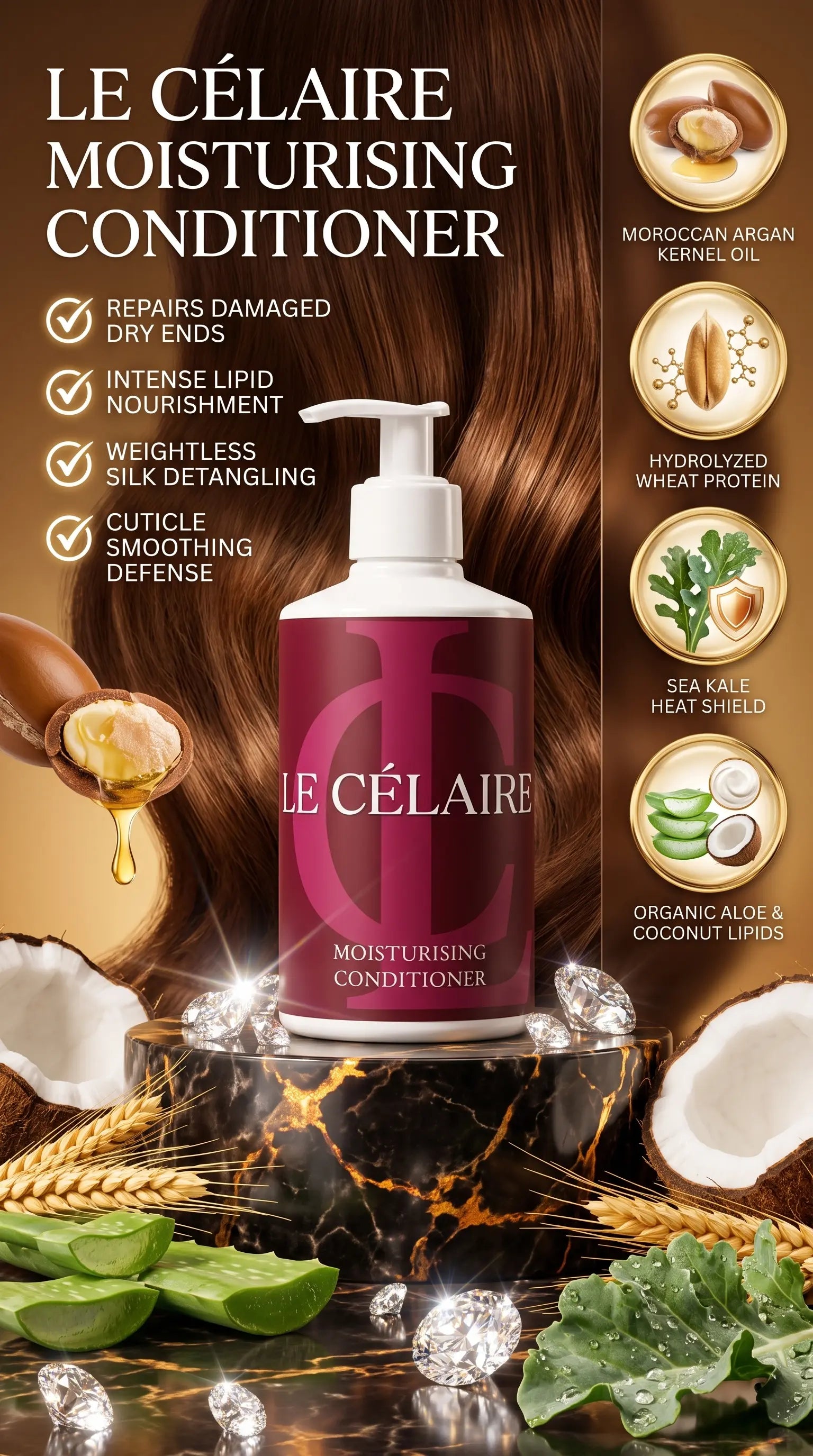 Le Célaire Moisturising Conditioner bottle centered on a glossy marble pedestal, surrounded by hair strands, argan oil, coconuts, wheat, and green leaves. The ad includes benefit callouts and ingredient icons on the right side.