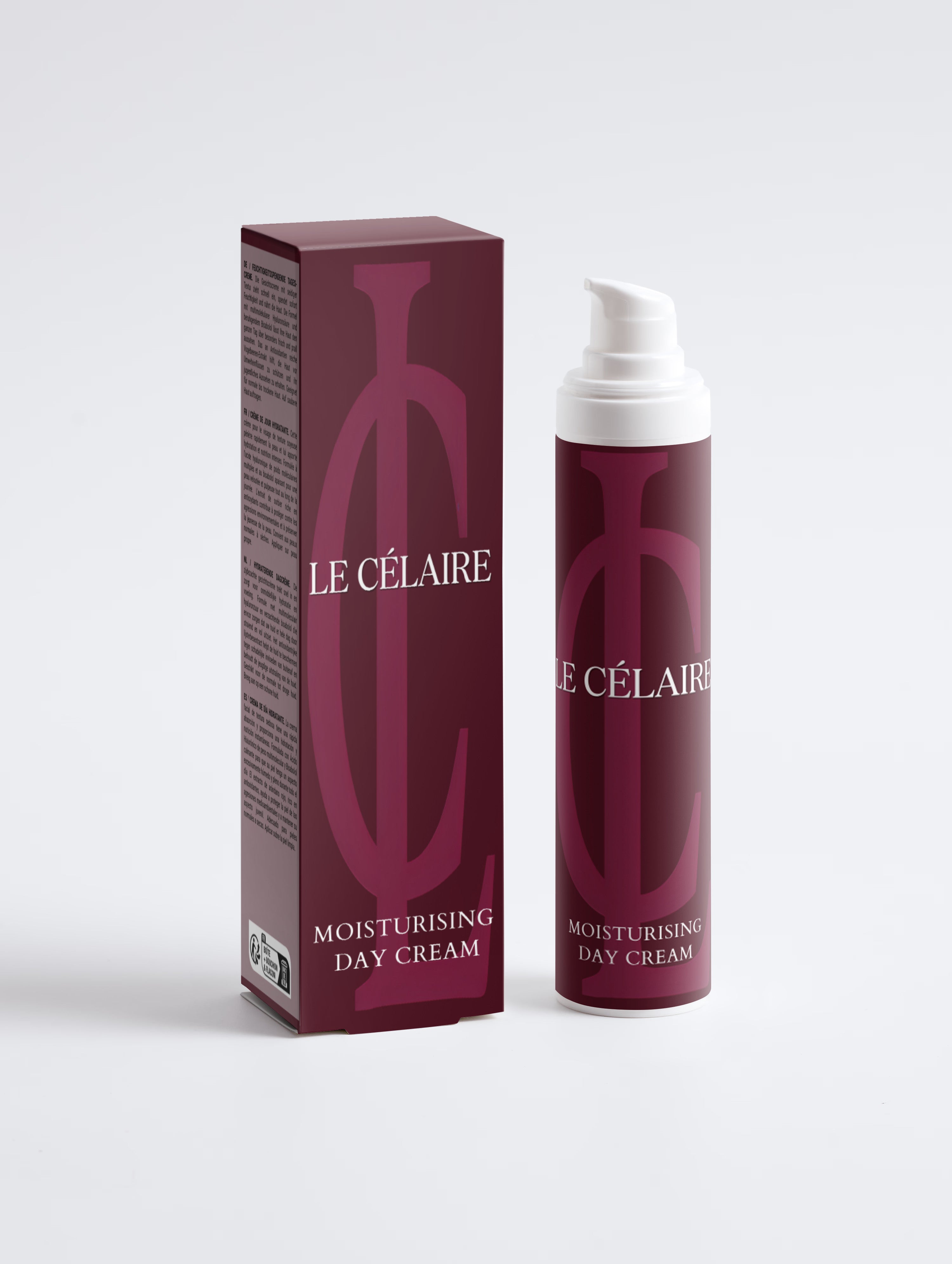 Le Célaire Moisturising Day Cream shown with its matching dark burgundy box and pump bottle on a clean light gray background.