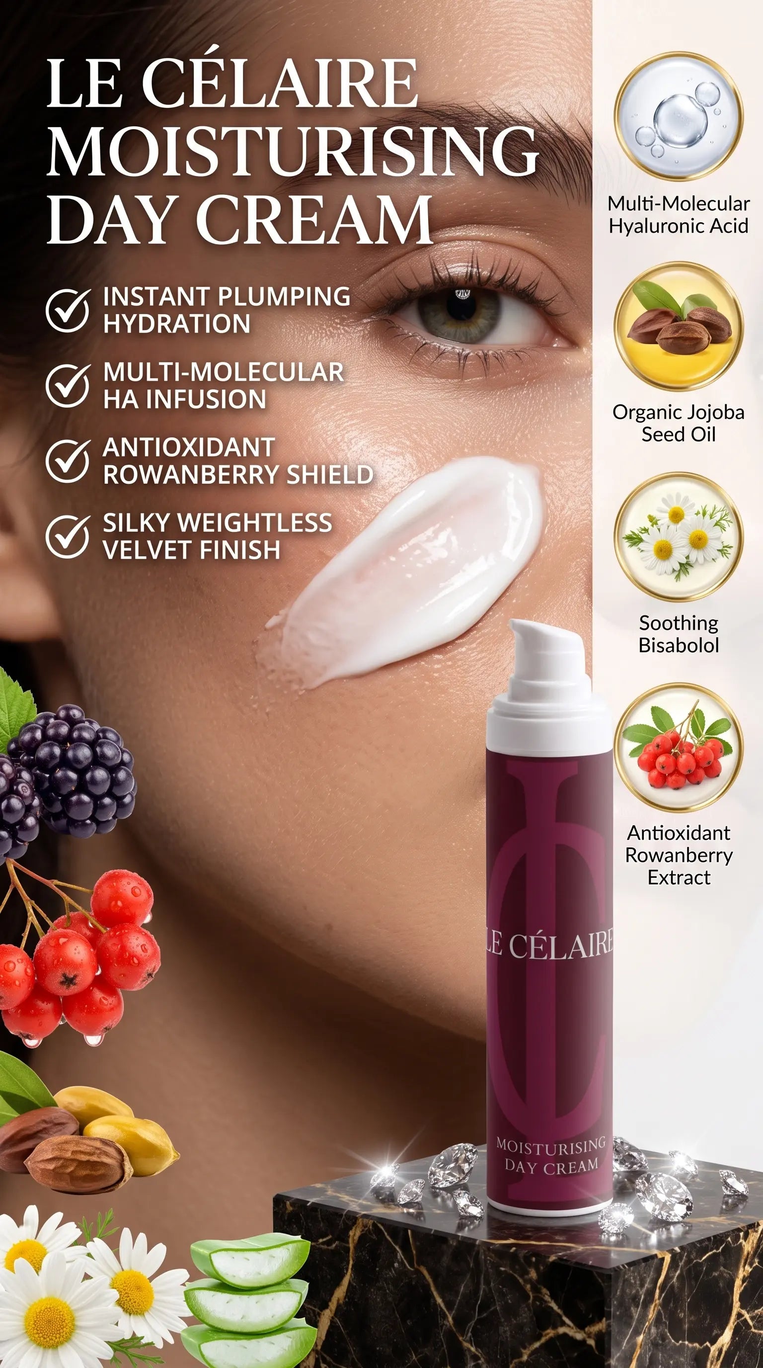 Le Célaire Moisturising Day Cream bottle shown on a dark marble pedestal with a close-up of a woman's face featuring a white cream smear. The ad includes text listing product benefits and ingredient icons for hyaluronic acid, jojoba seed oil, rowanberry, and ribolaise.
