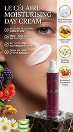 Le Célaire Moisturising Day Cream bottle shown on a dark marble pedestal with a close-up of a woman's face featuring a white cream smear. The ad includes text listing product benefits and ingredient icons for hyaluronic acid, jojoba seed oil, rowanberry, and ribolaise.