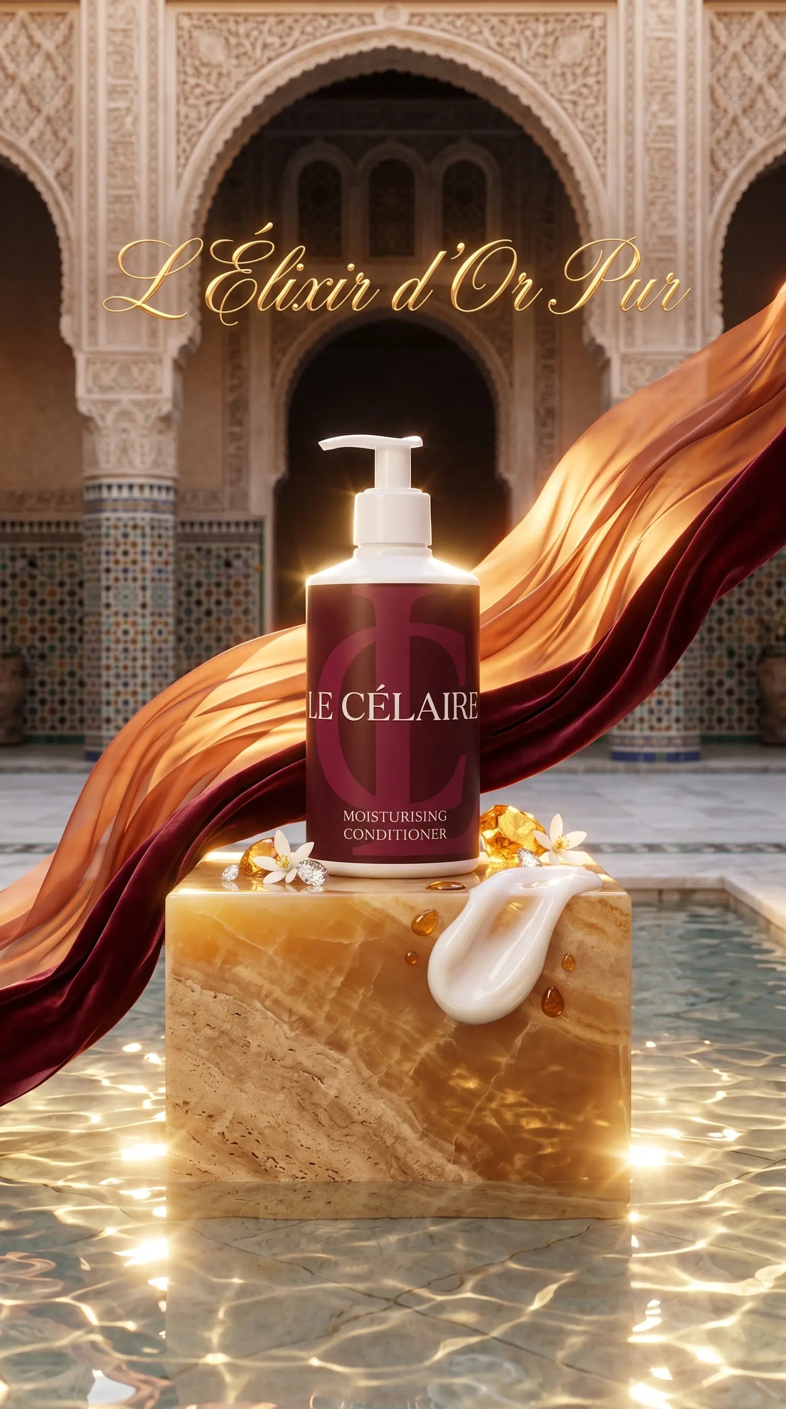 Le Célaire Moisturizing Conditioner bottle displayed on a marble block in a luxurious Moroccan courtyard setting with golden flowing hair and Arabic script overlay.