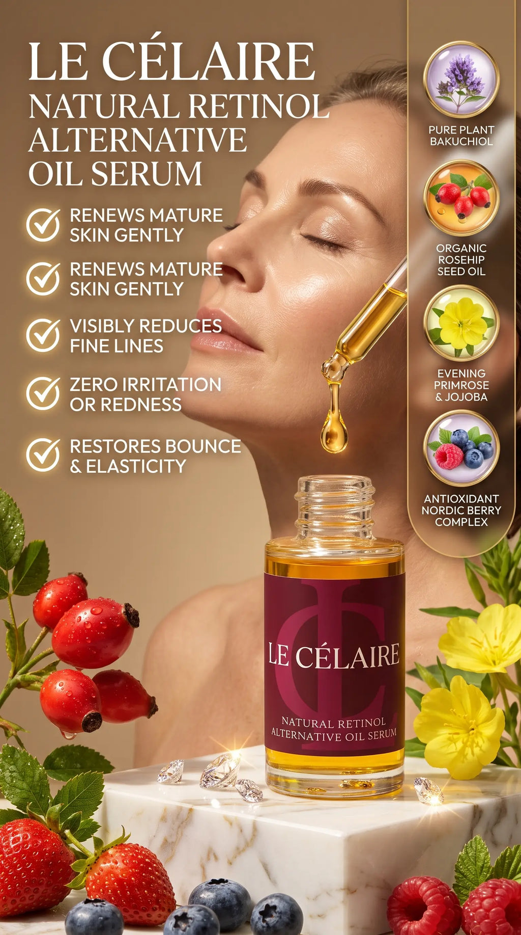 Le Célaire Natural Retinol Alternative Oil Serum bottle displayed on a marble pedestal with strawberries, blueberries, and flowers, alongside a woman receiving a dropper touch-up and a vertical ingredient panel.