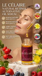 Le Célaire Natural Retinol Alternative Oil Serum bottle displayed on a marble pedestal with strawberries, blueberries, and flowers, alongside a woman receiving a dropper touch-up and a vertical ingredient panel.