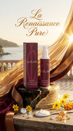 Le Célaire Retinol Alternative Moisturizer shown with its matching box and pump bottle on a marble pedestal, styled with gold drapery, yellow flowers, and a scenic ocean background under the text 'La Renaissance Pure'.
