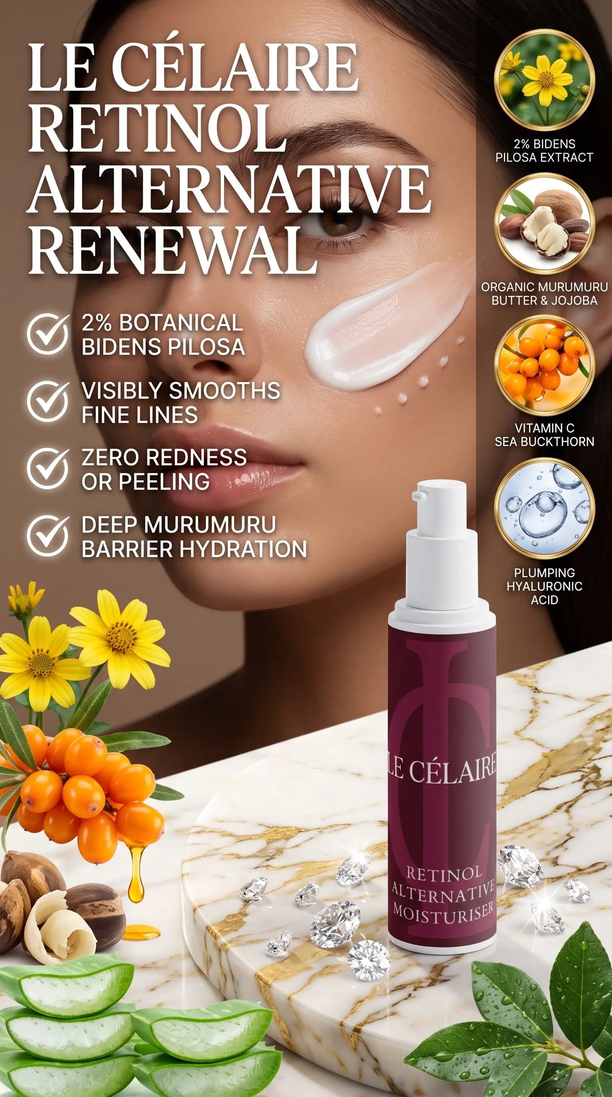 Le Célaire Retinol Alternative Renewal skincare pump bottle displayed on a marble surface with botanical ingredients, a close-up of a woman's face showing eye cream application, and product feature callouts in French.