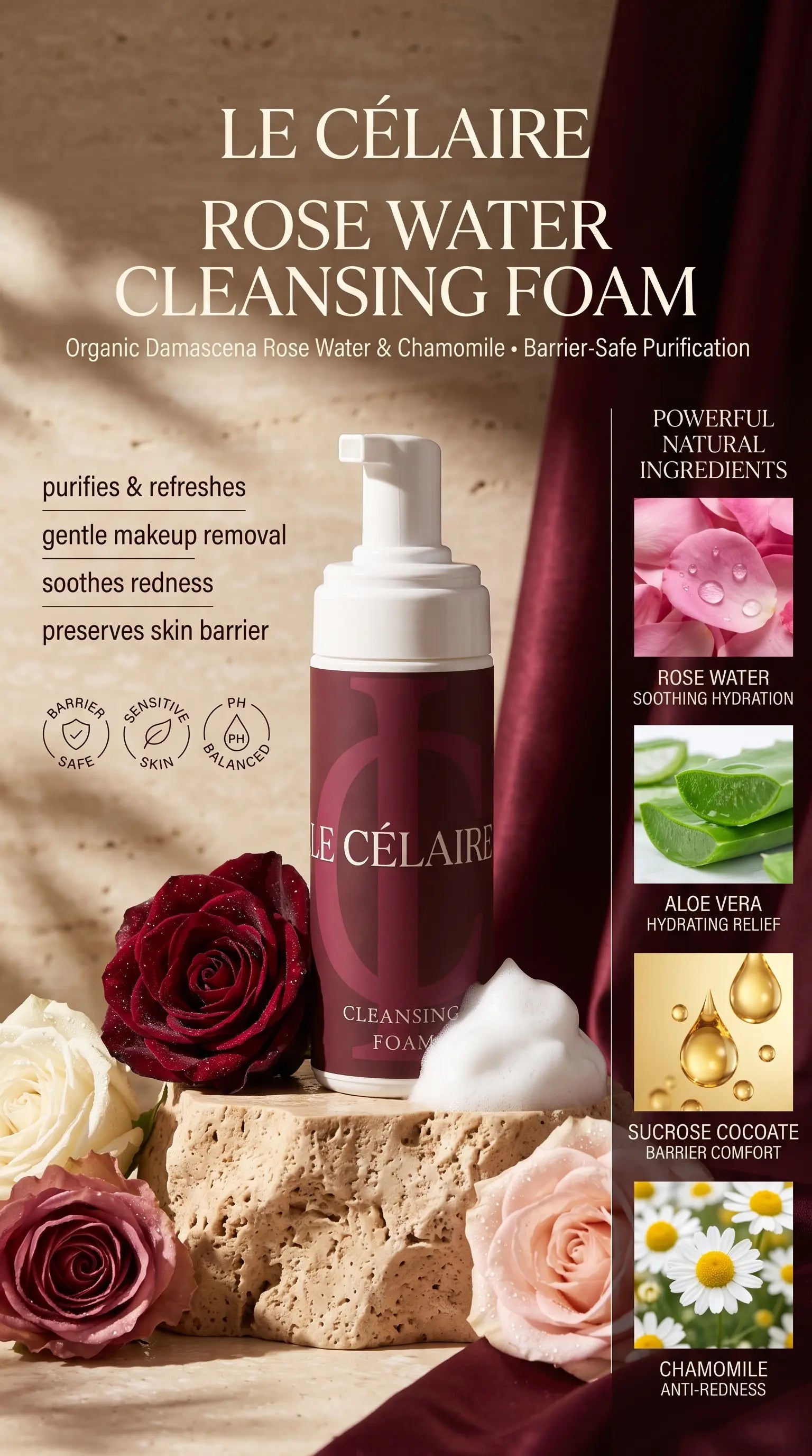 Le Célaire Rose Water Cleansing Foam bottle shown in a styled ad layout with roses, a stone slab, foam, and ingredient callouts on the right.