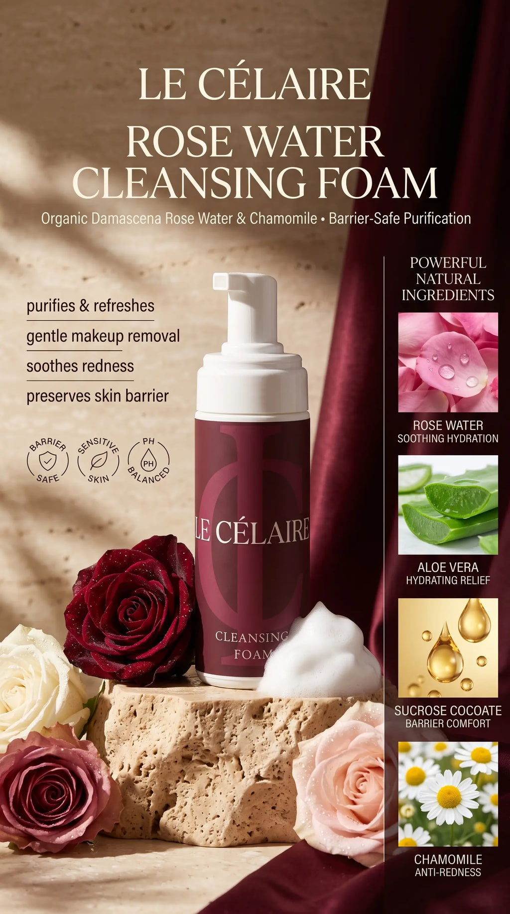 Le Célaire Rose Water Cleansing Foam bottle shown in a styled ad layout with roses, a stone slab, foam, and ingredient callouts on the right.