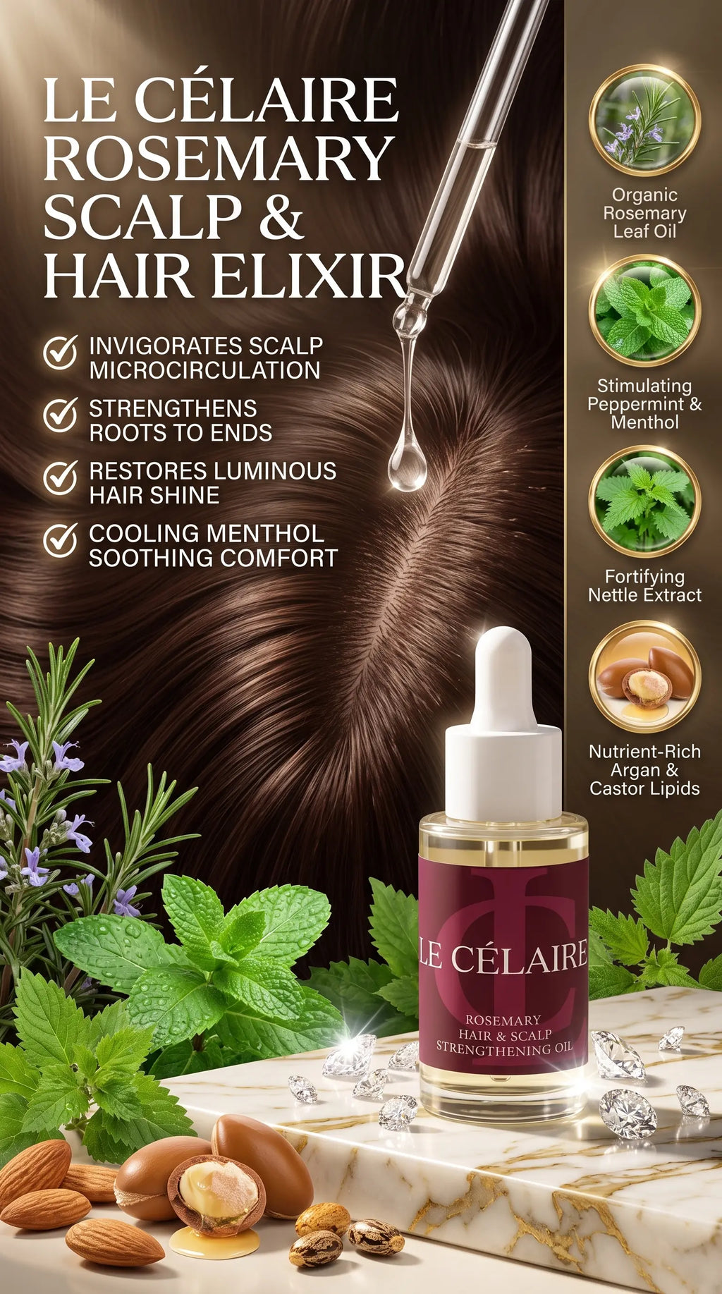 Le Célaire Rosemary Scalp & Hair Elixir bottle displayed on a marble surface with almonds, herbs, and a dark brown hair background, with product claims and ingredient icons along the right side.
