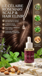 Le Célaire Rosemary Scalp & Hair Elixir bottle displayed on a marble surface with almonds, herbs, and a dark brown hair background, with product claims and ingredient icons along the right side.