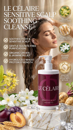 Le Célaire Sensitive Scalp Soothing Cleanse shampoo bottle displayed on a marble pedestal with a woman washing her hair in the background, surrounded by botanical and ingredient graphics.