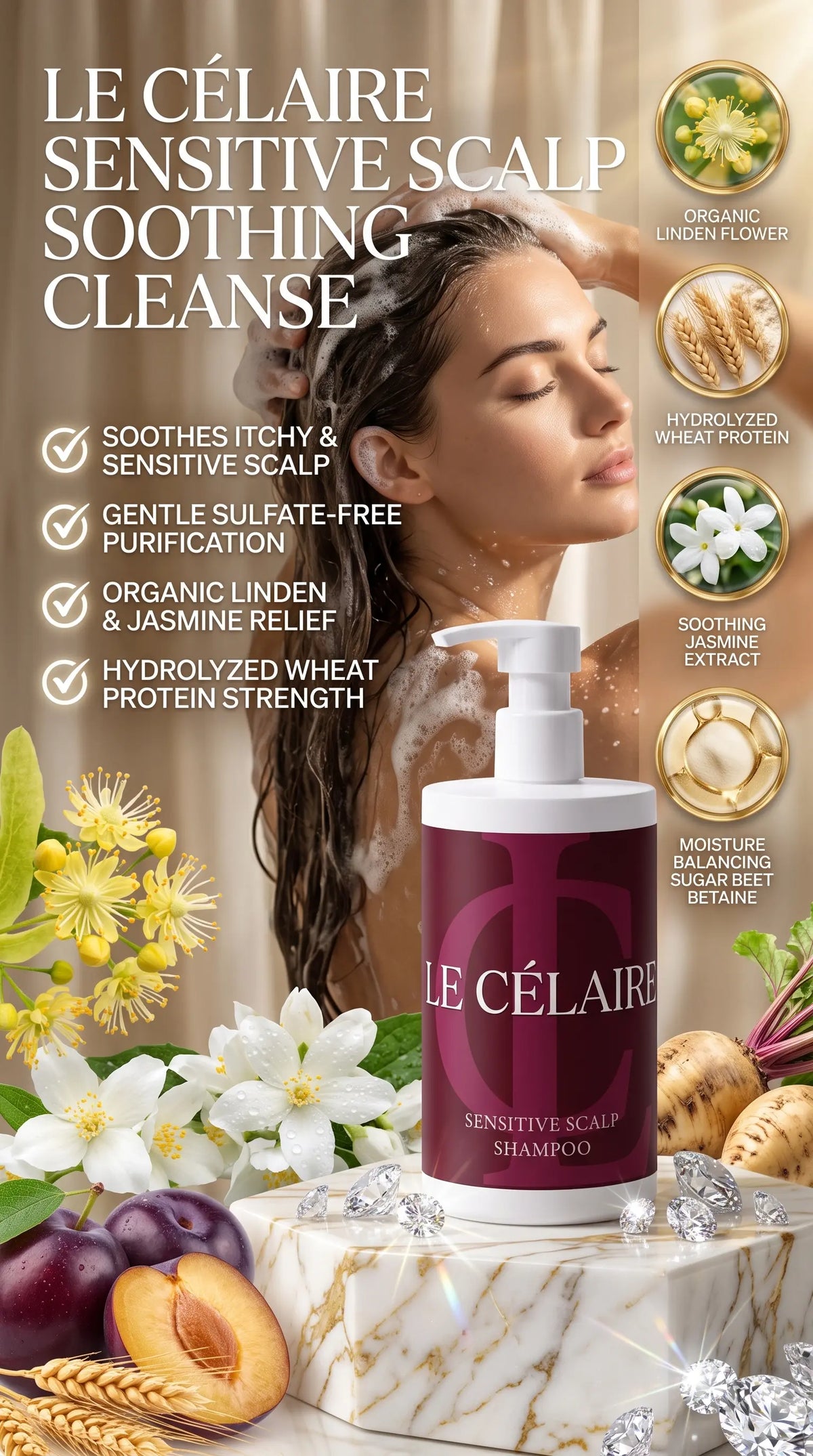 Le Célaire Sensitive Scalp Soothing Cleanse shampoo bottle displayed on a marble pedestal with a woman washing her hair in the background, surrounded by botanical and ingredient graphics.