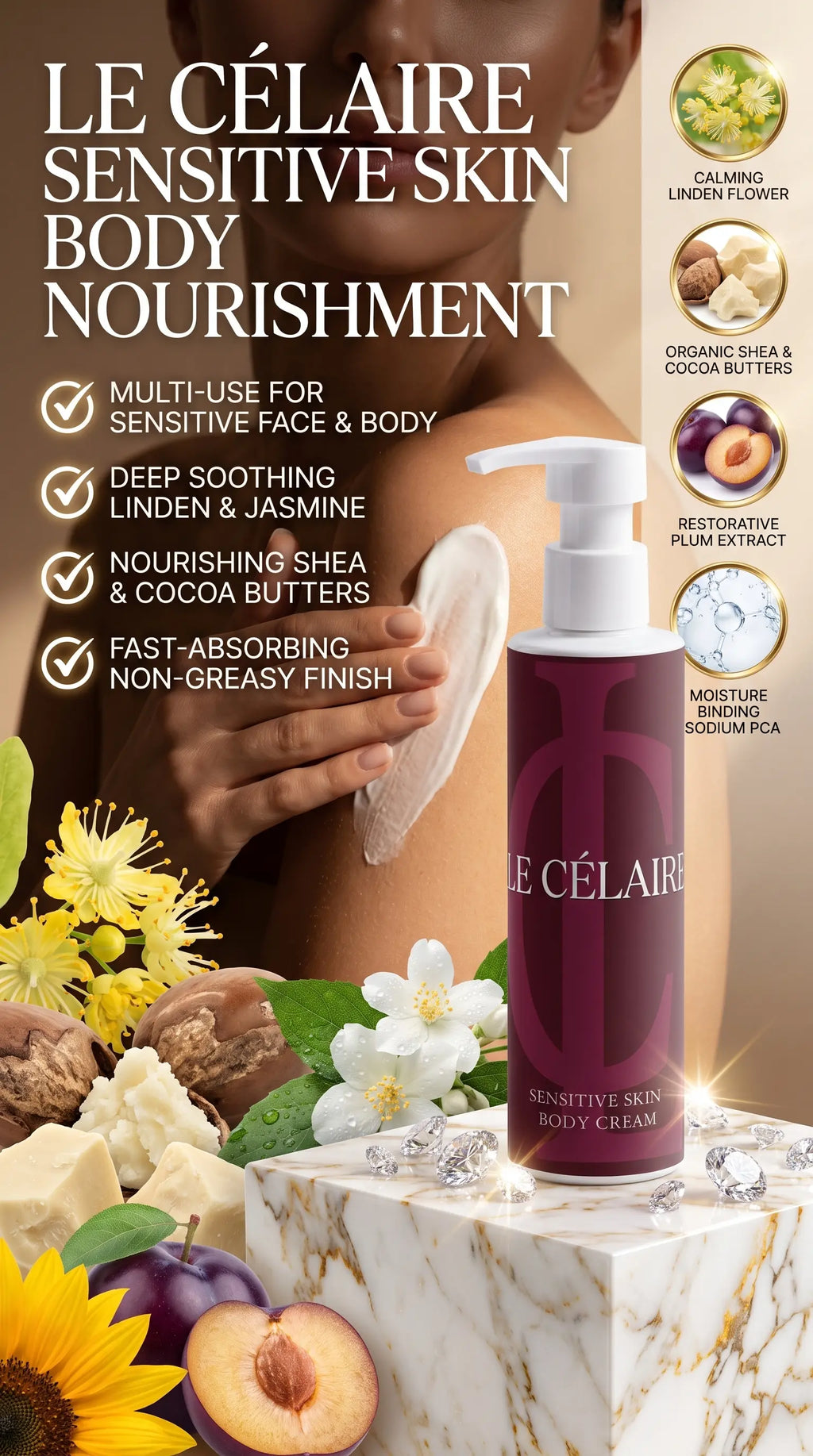 Le Célaire Sensitive Skin Body Nourishment body cream bottle displayed on a marble pedestal with flowers, nuts, and a model applying cream in the background.