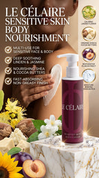 Le Célaire Sensitive Skin Body Nourishment body cream bottle displayed on a marble pedestal with flowers, nuts, and a model applying cream in the background.