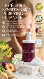 Le Célaire Sensitive Skin Purifying Cleanser bottle displayed on a marble block with skincare cream, flowers, and fruit props, alongside product claims and ingredient icons on a white background.