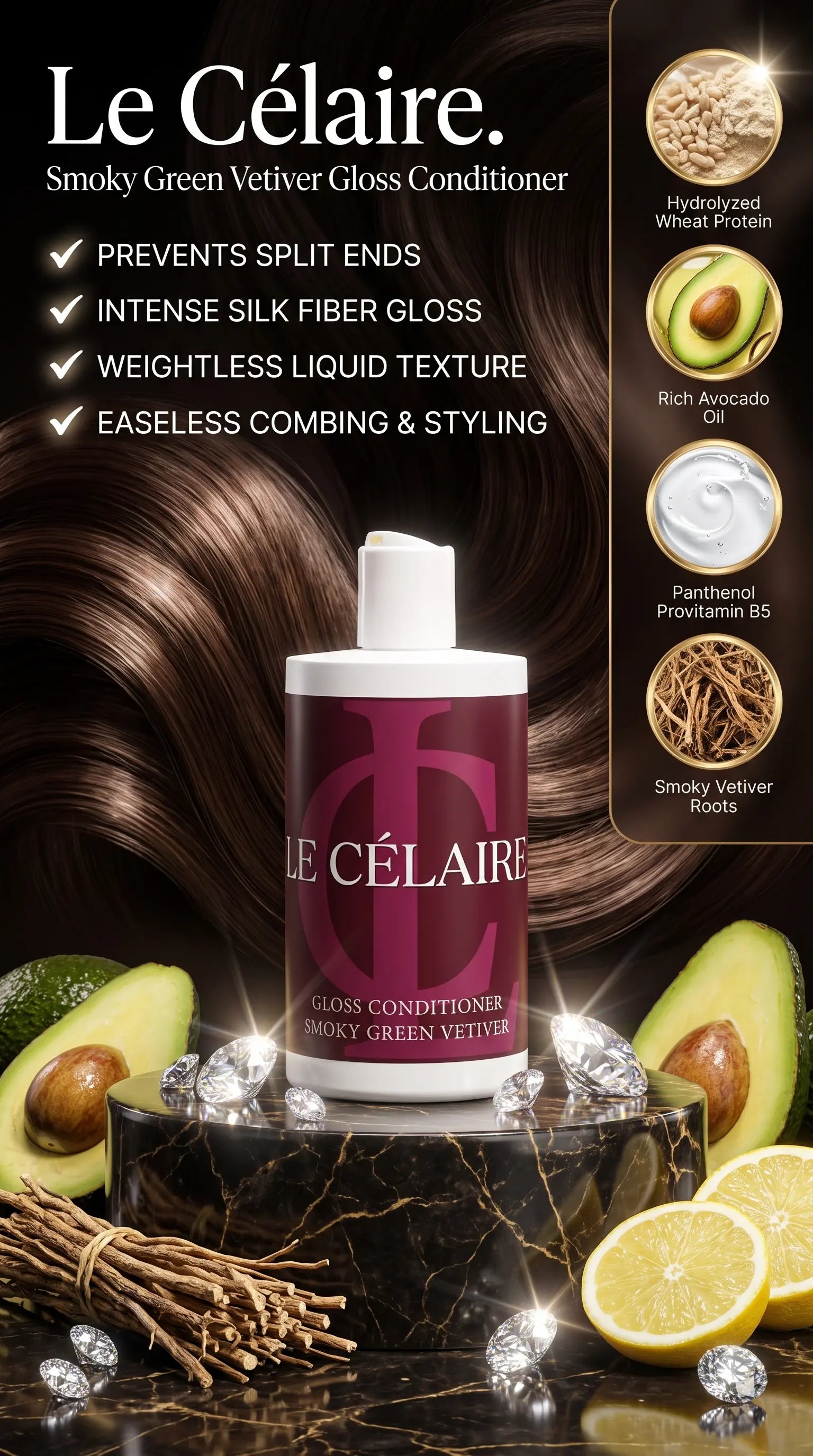 Le Célaire Smokey Green Vetiver Gloss Conditioner bottle displayed on a black marble pedestal with ice, surrounded by avocado halves, lemon slices, and dried roots, with hair strands and product benefits text in the background.
