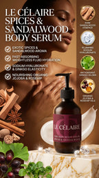 Le Célaire Spices & Sandalwood Body Serum in a dark amber pump bottle, displayed on a marble surface with a white ceramic spoon. The background features a warm brown graphic with a woman's face, cinnamon sticks, star anise, and green leaves, with product details and ingredient icons on the right.