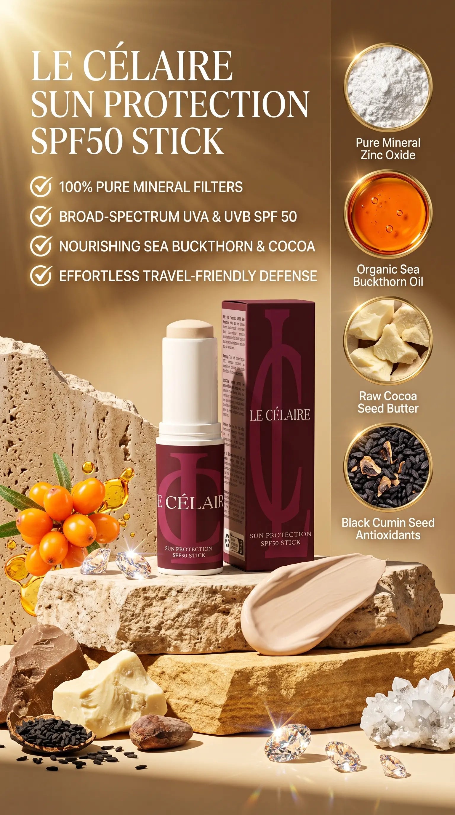 Le Célaire Sun Protection SPF50 Stick sunscreen stick shown with its box on a styled stone background, alongside ingredient callouts for pure mineral zinc oxide, organic sea buckthorn oil, raw cocoa seed butter, and black cumin seed antioxidants.