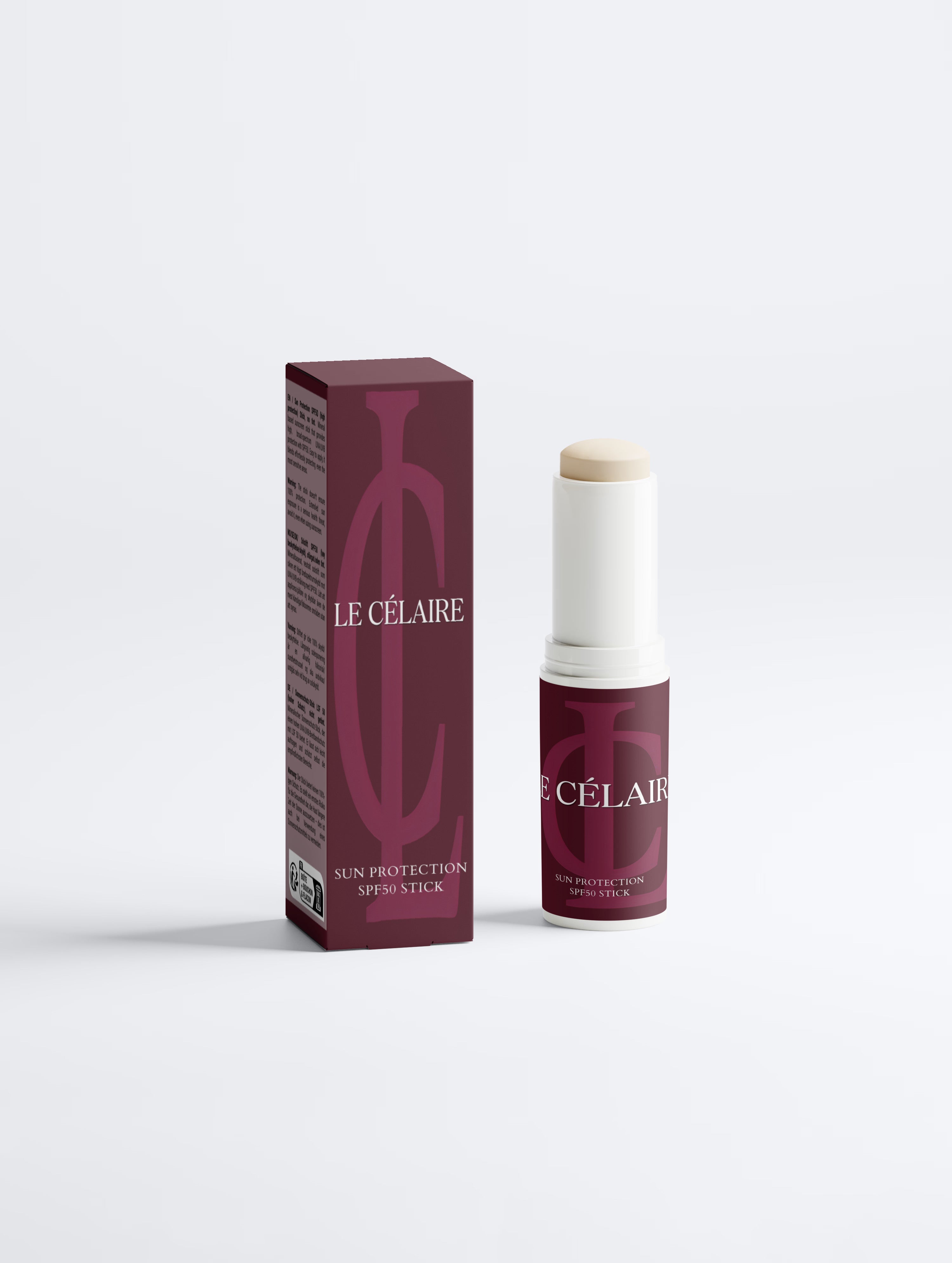 Le Célaire Sun Protection SPF 30 stick and its matching box, both in a deep burgundy color with gold lettering, set against a clean white background.