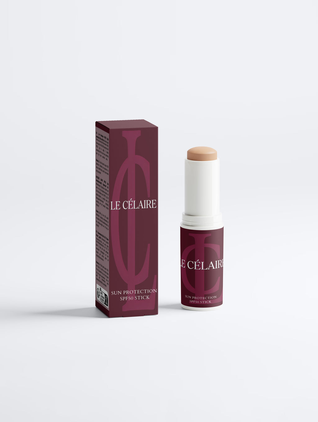 Le Célaire Sun Protection SPF 30 stick and its matching box, both in a deep burgundy color with gold lettering, set against a clean white background.