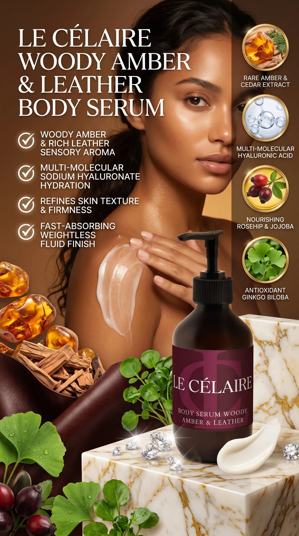 Le Célaire Woody Amber & Leather Body Serum bottle displayed on a marble pedestal with a model in the background, surrounded by amber droplets, leather pieces, and botanical illustrations.