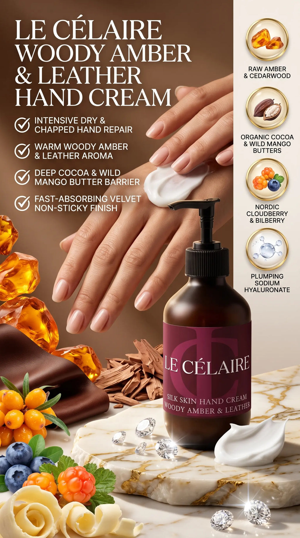 Le Célaire Woody Amber & Leather Hand Cream bottle shown with a pump, surrounded by hand cream, sliced chocolate, amber crystals, berries, and marble. A hand is visible applying cream, and text on the left lists product benefits.