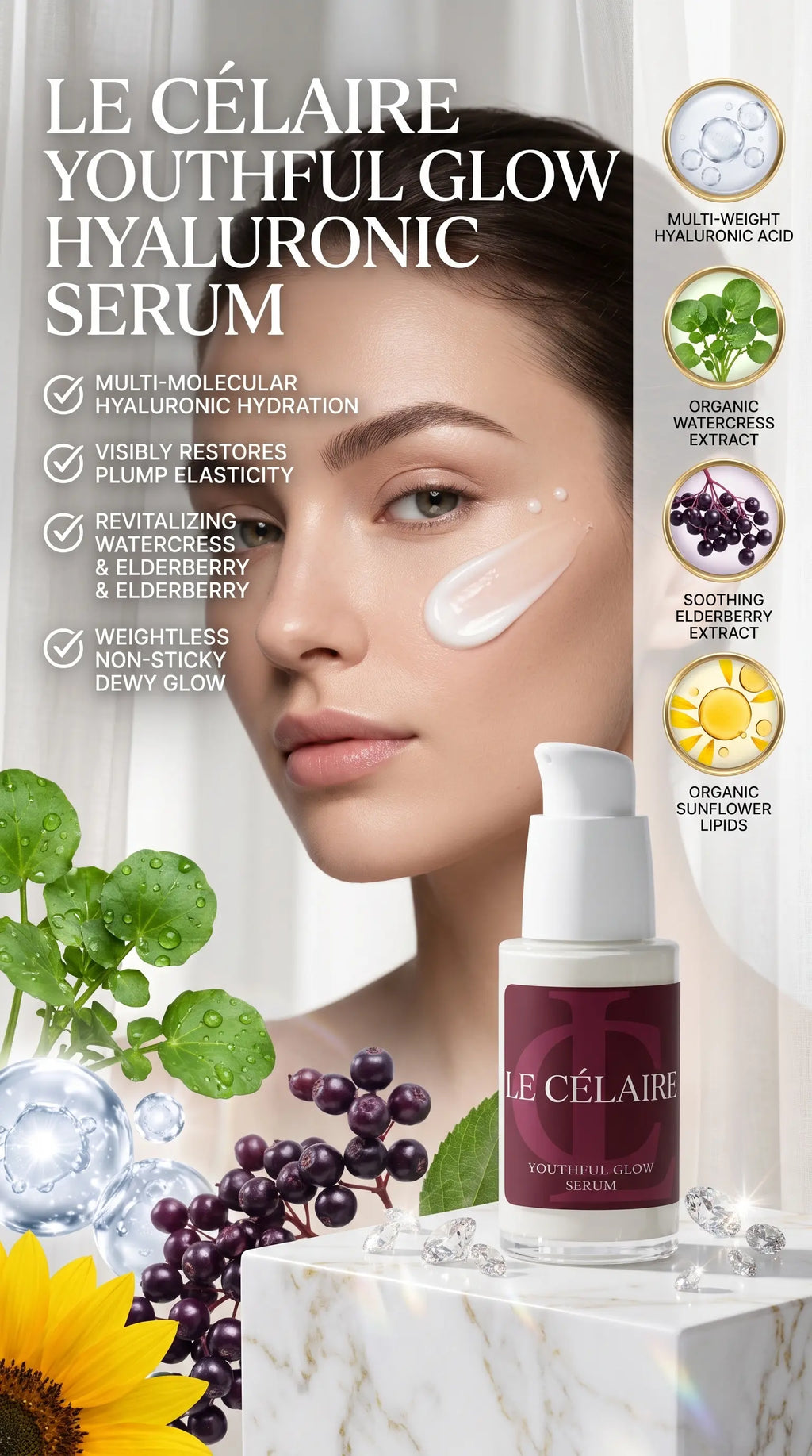 Le Célaire Youthful Glow Hyaluronic Serum bottle shown on a marble surface with a woman's face in the background, green leaves, purple grapes, and ingredient callouts on the right.