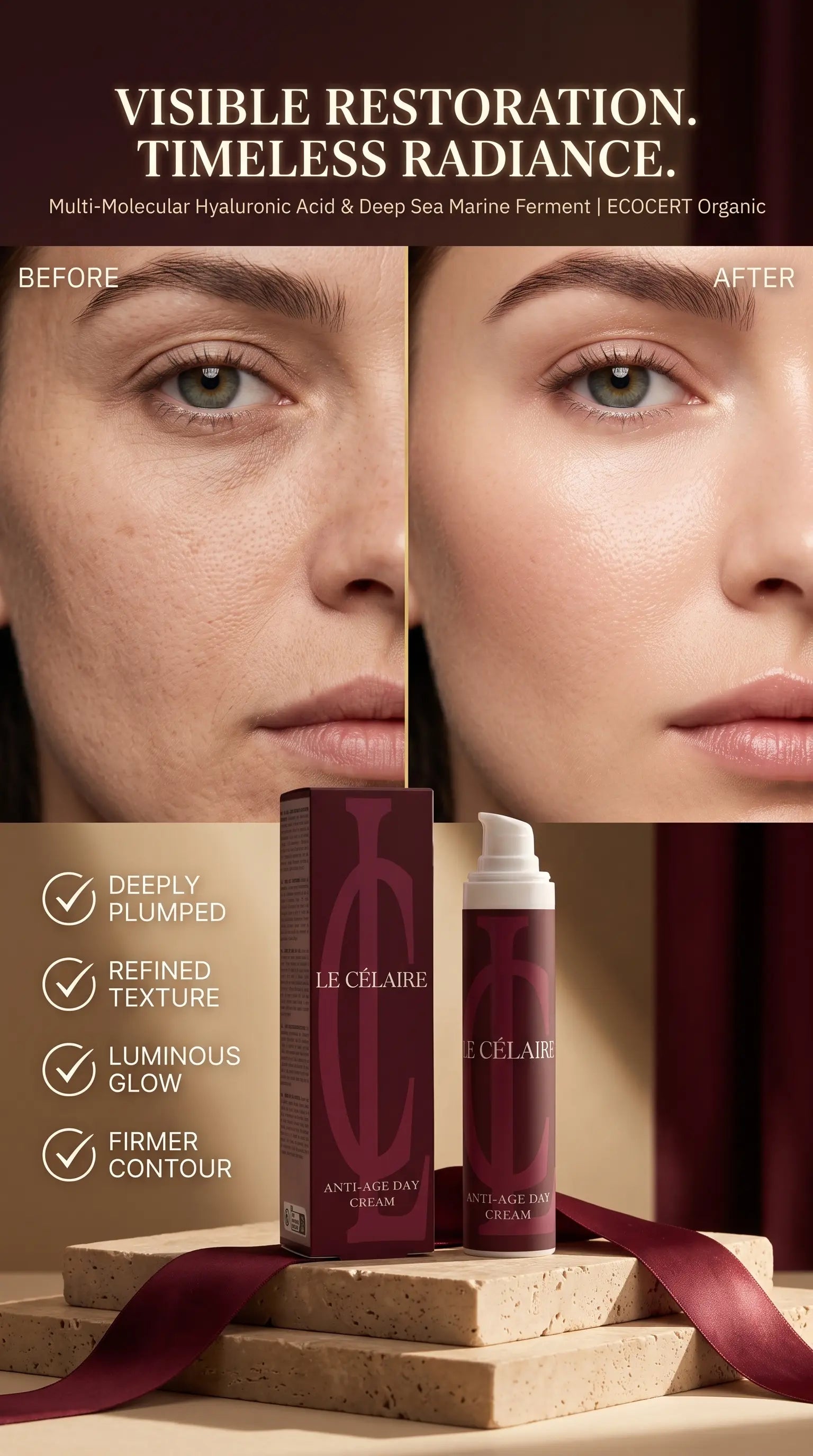 Le Clairé Anti-Aging Day Cream before and after comparison on a woman's face, with the product box and bottle displayed on stone blocks below. The product packaging is deep burgundy with gold lettering.