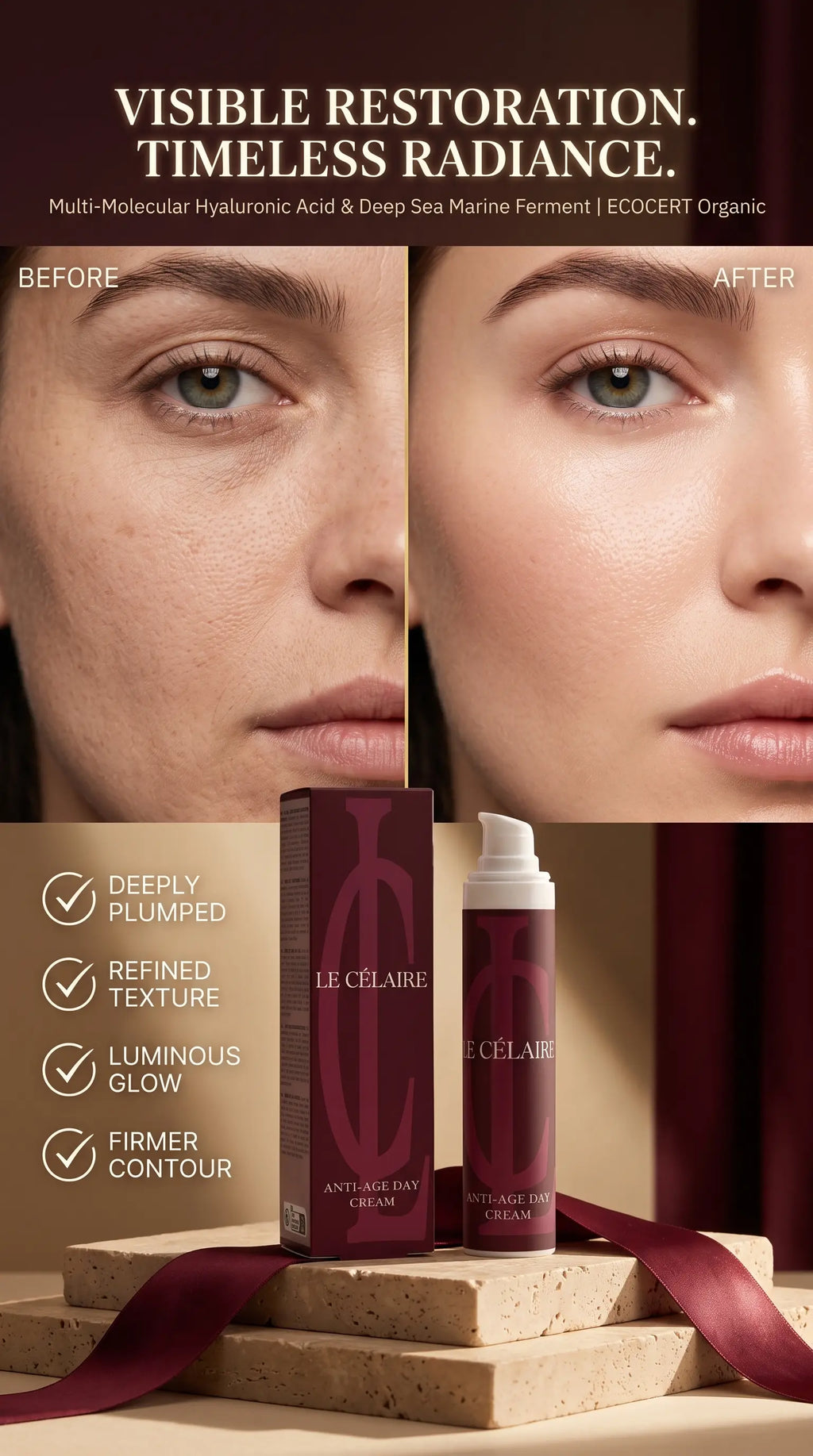Le Clairé Anti-Aging Day Cream before and after comparison on a woman's face, with the product box and bottle displayed on stone blocks below. The product packaging is deep burgundy with gold lettering.