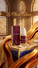 Le Claret Céleste pigment perfecting cream shown with its box and pump bottle on a decorative pedestal, surrounded by flowing gold and burgundy drapery in an ornate interior setting.