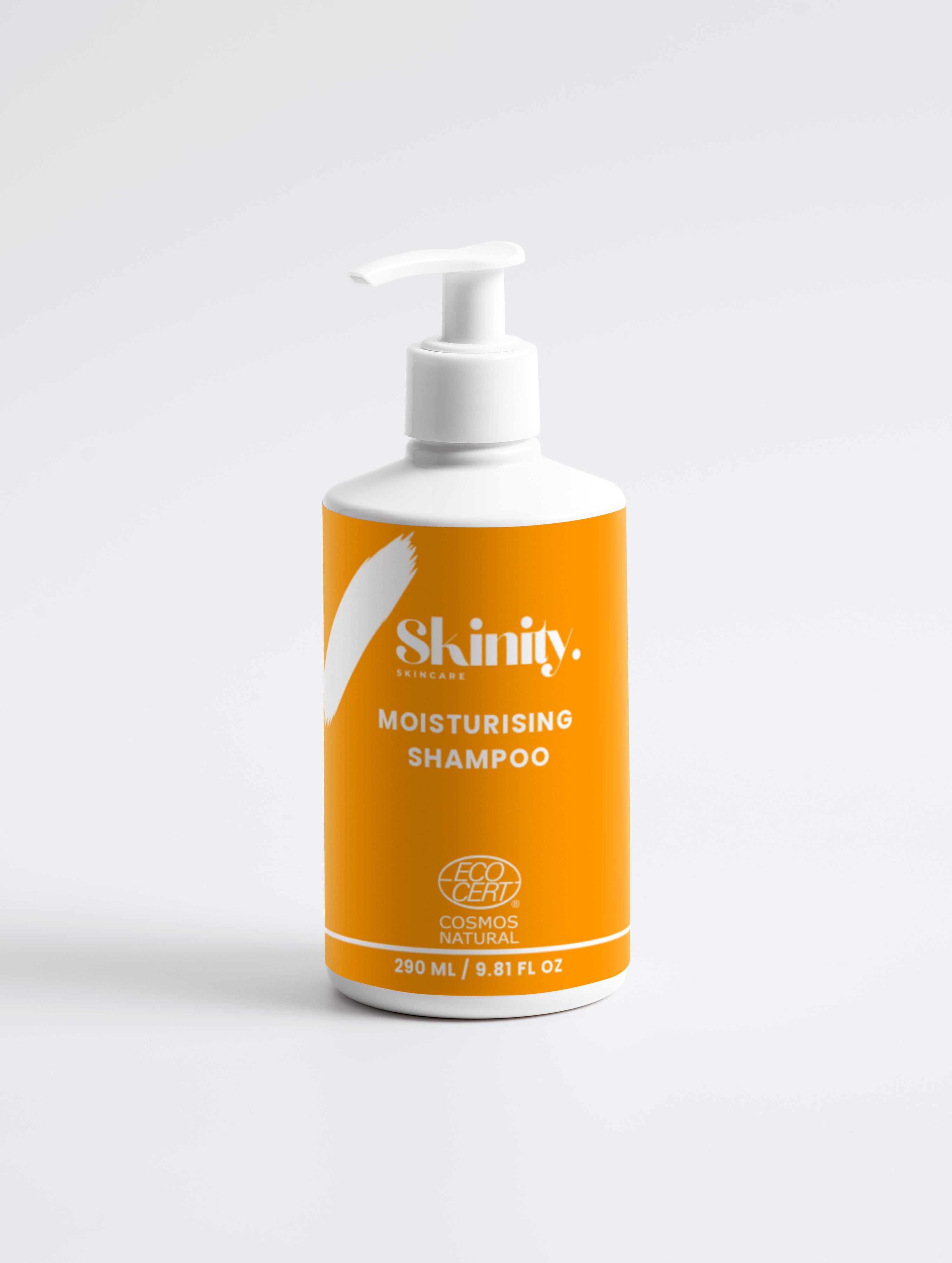 Moisturising Shampoo for all Hair types in a vibrant orange pump bottle, providing hydration and gentle cleansing.