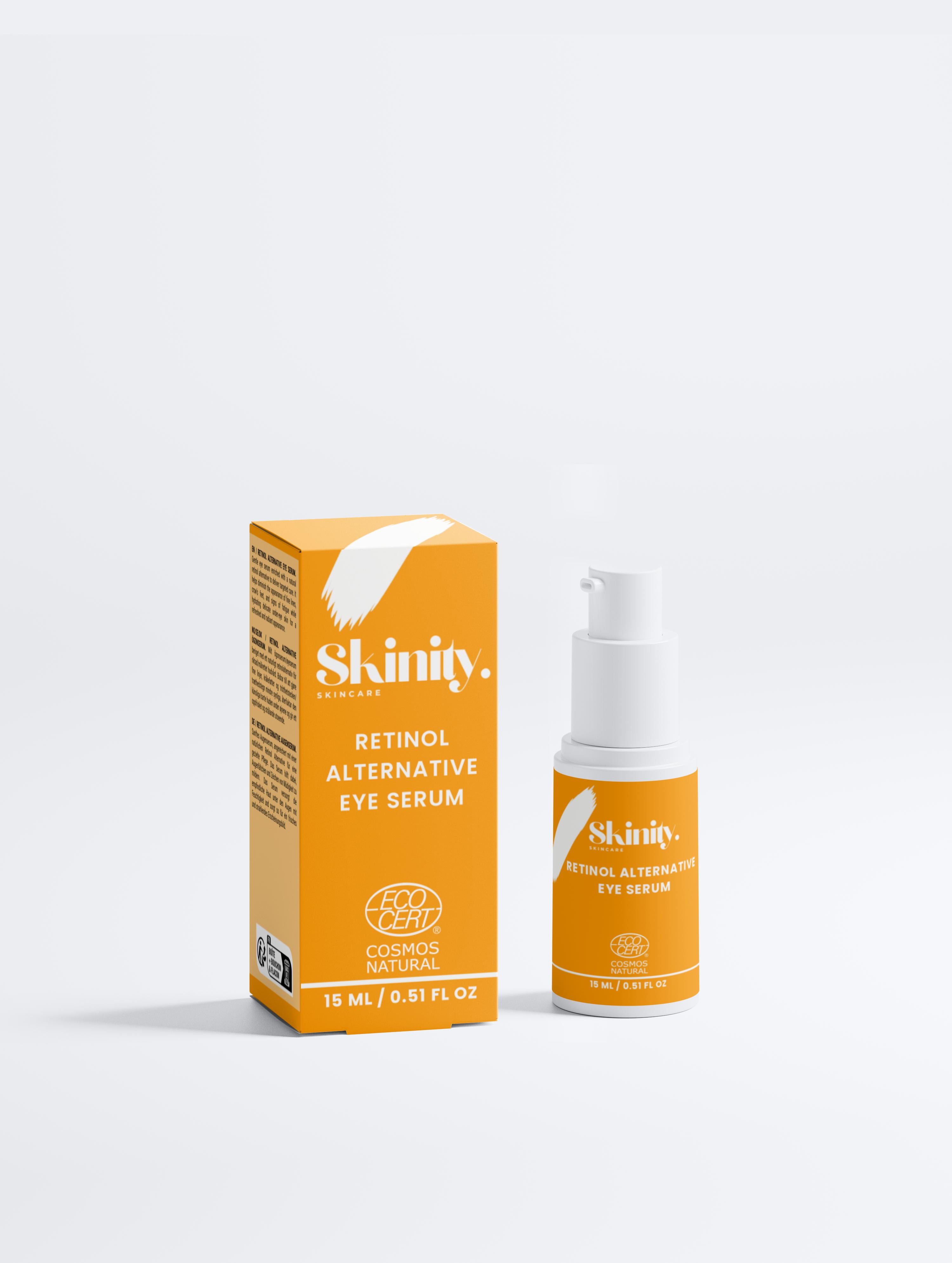 Natural retinol alternative eye serum in a bright orange bottle with box, designed to smooth fine lines.