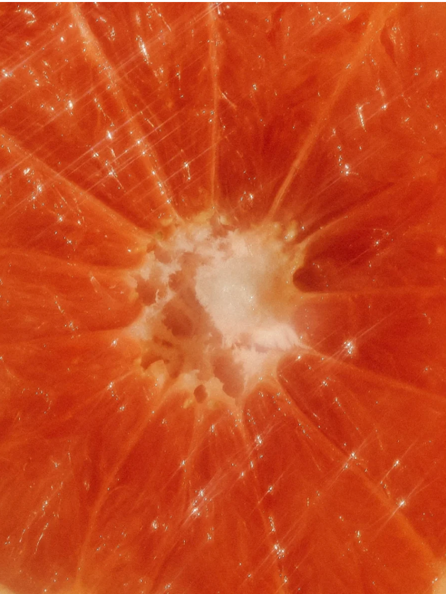 Close-up of a juicy peachy grapefruit half, showcasing vibrant orange flesh and texture.