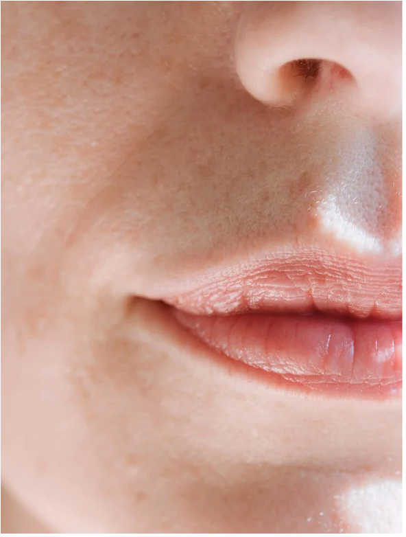 Close-up of smooth lips and skin highlighting the benefits of Sensitive Skin Overnight Cream Fragrance Free.