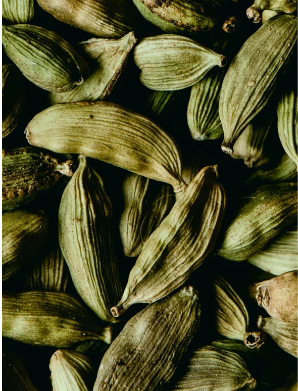 Close-up of green cardamom pods, showcasing their unique texture and natural color.
