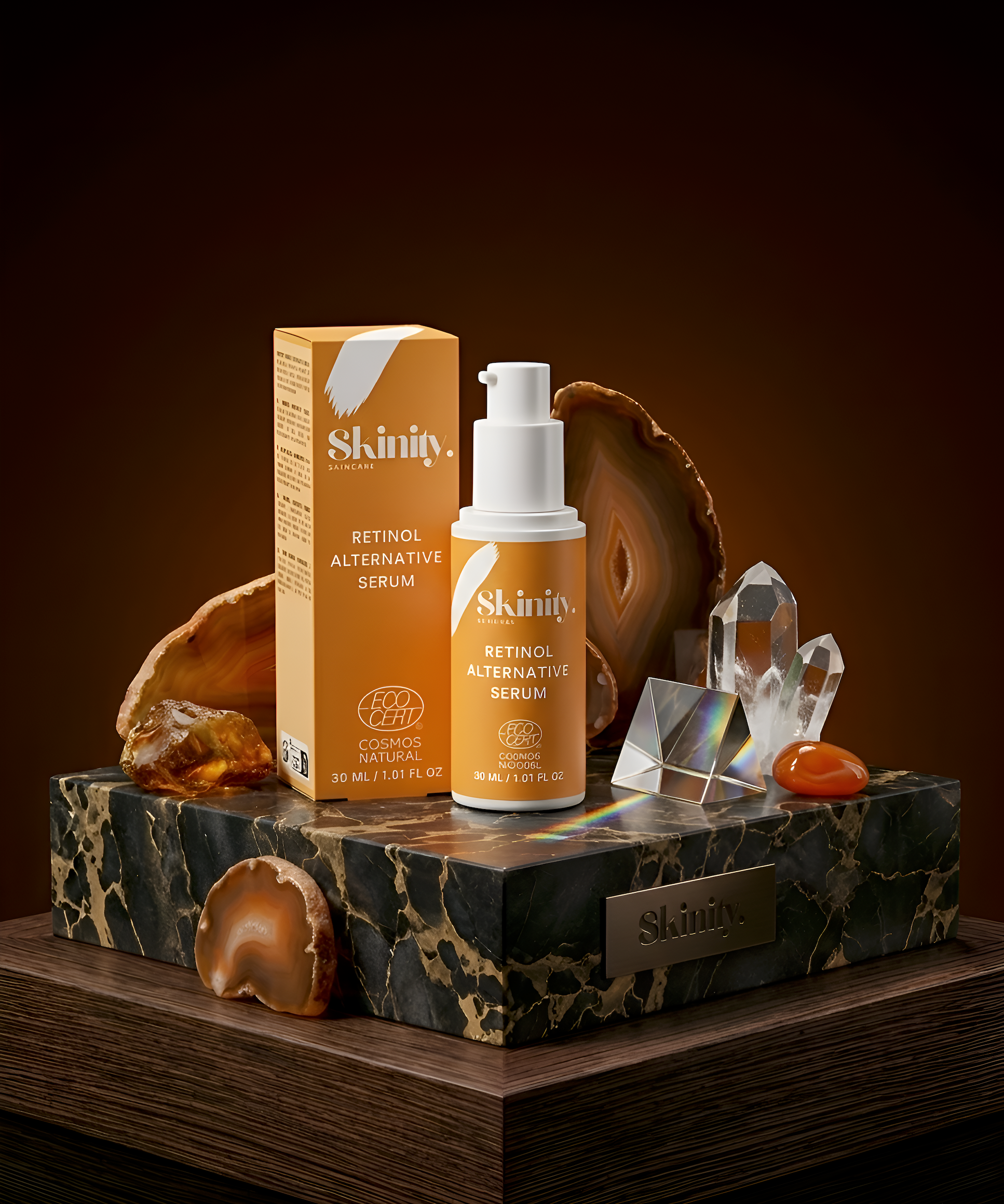 Skinify Retinol Alternative Serum For All Skin displayed with crystals on a decorative marble surface.