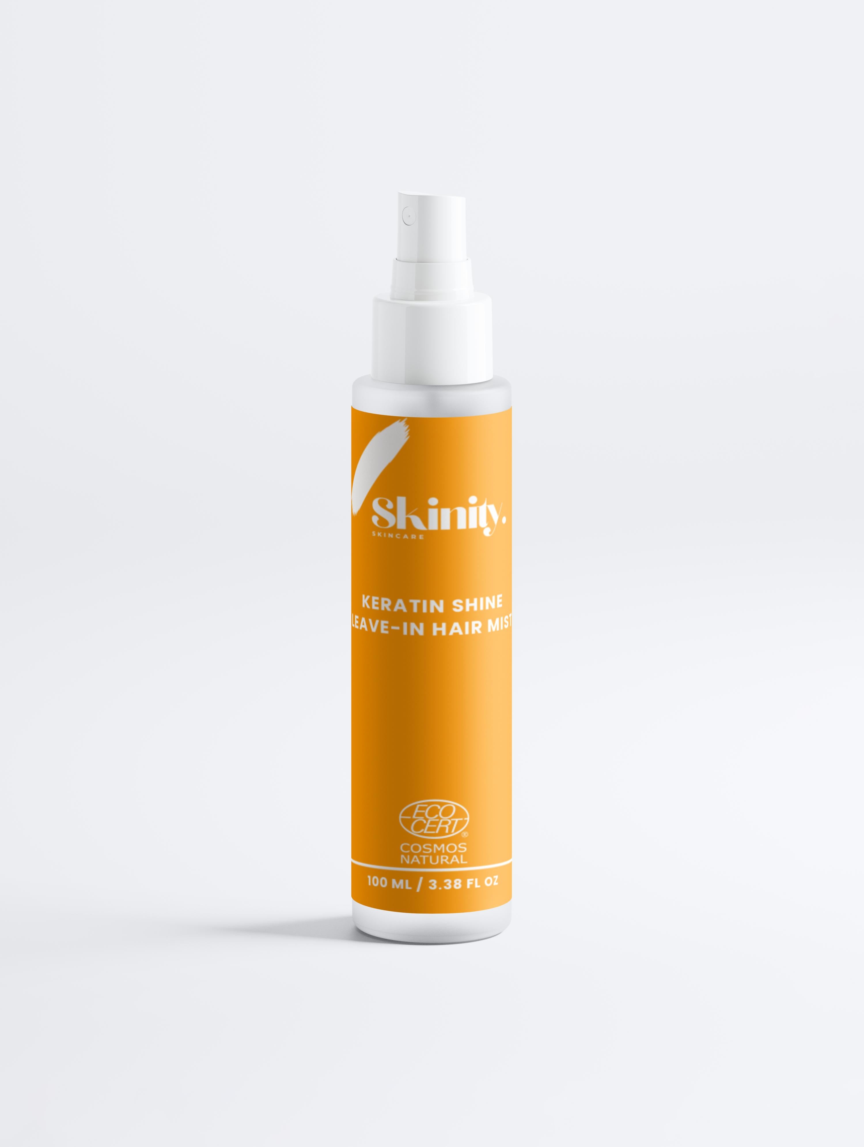 Keratin Shine Leave In Hair Mist spray bottle with smooth, soft hair benefits on a clean background.