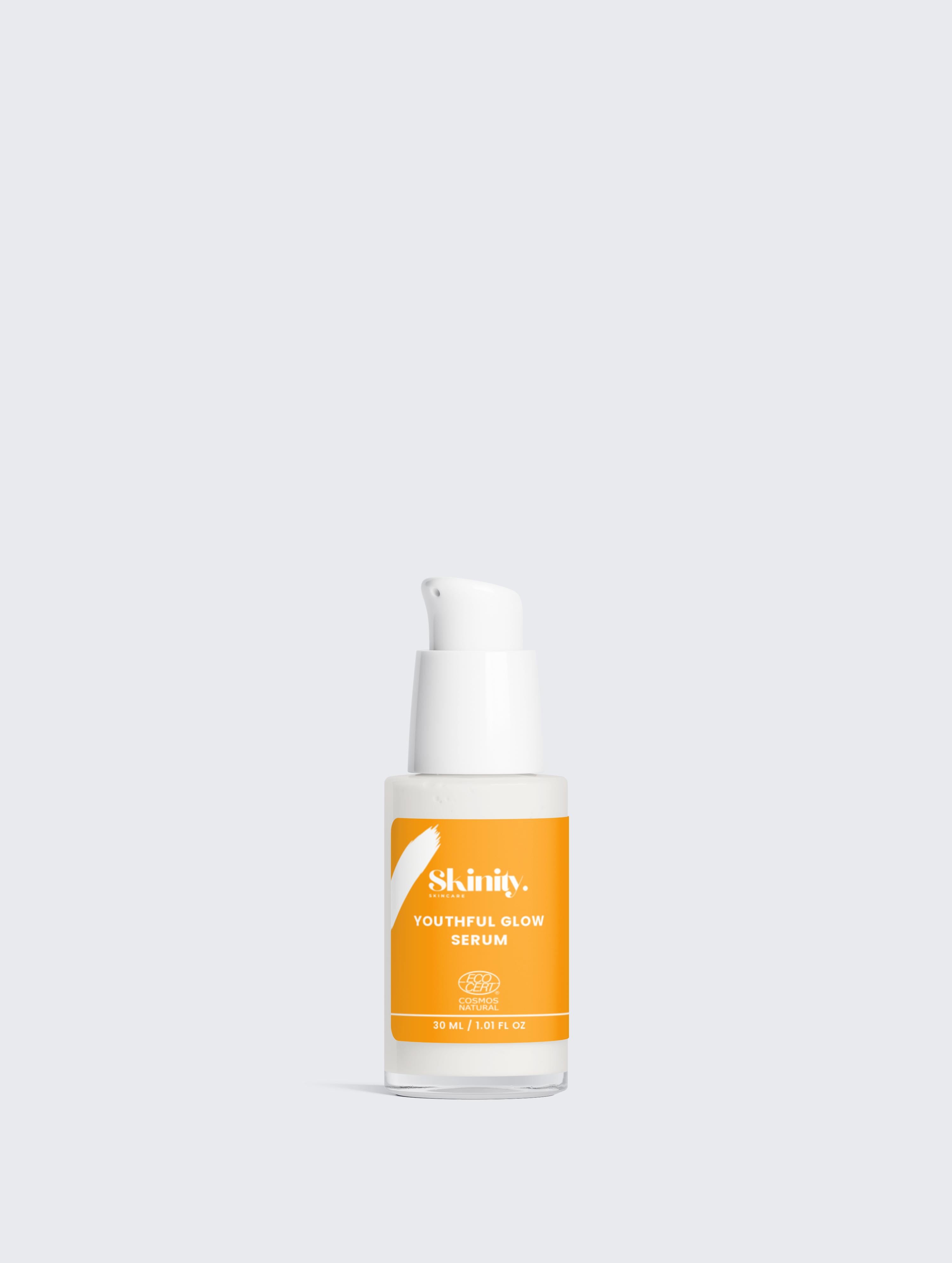 Shiny Youthful Glow Serum For All Skin Types in a sleek pump bottle for smoother, younger-looking skin.