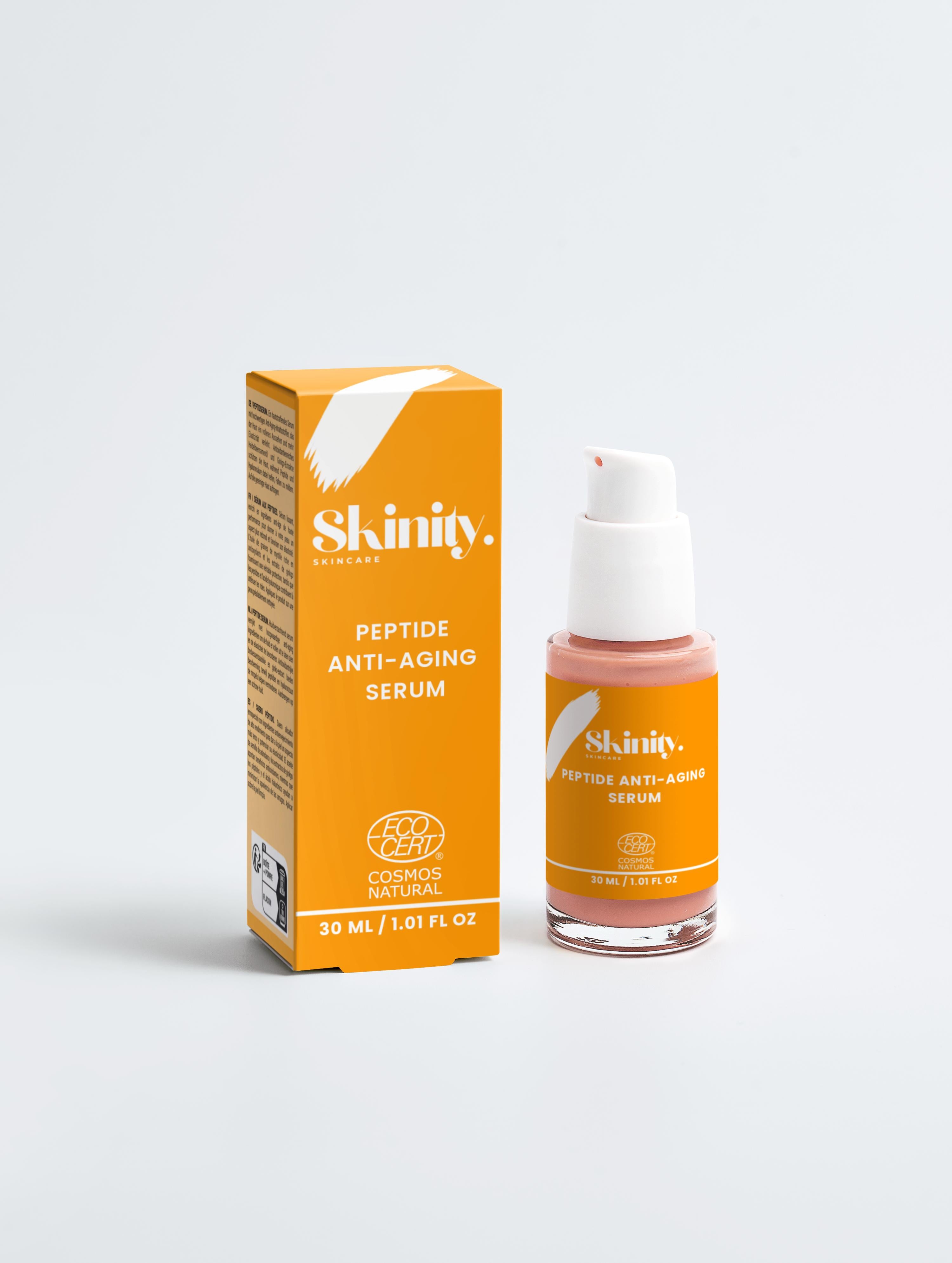 Peptide Anti-Aging Serum for All skin in a 30ml bottle with an orange box design on a white background.