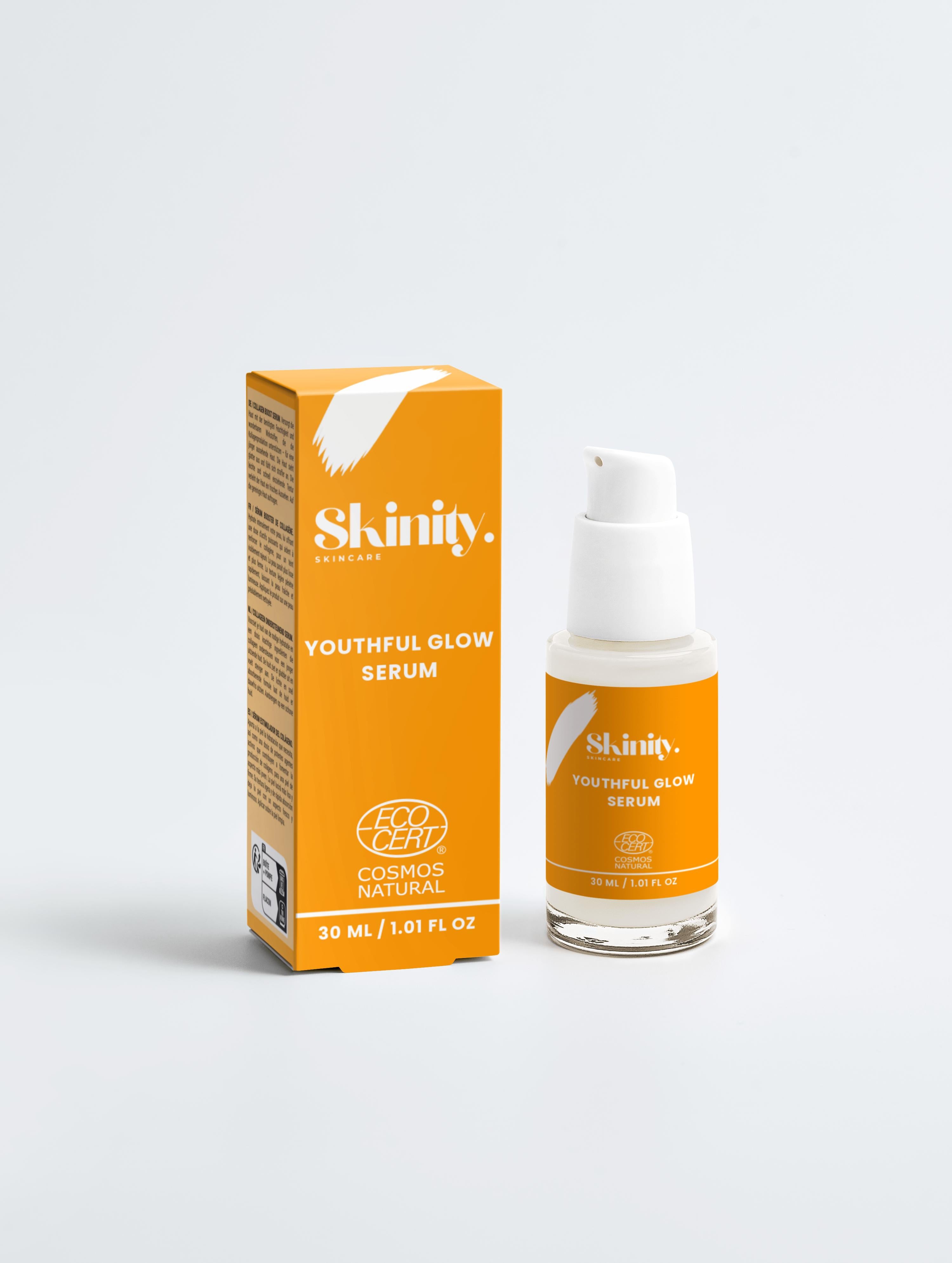 Youthful Glow Serum For All Skin Types in a sleek amber bottle with packaging,