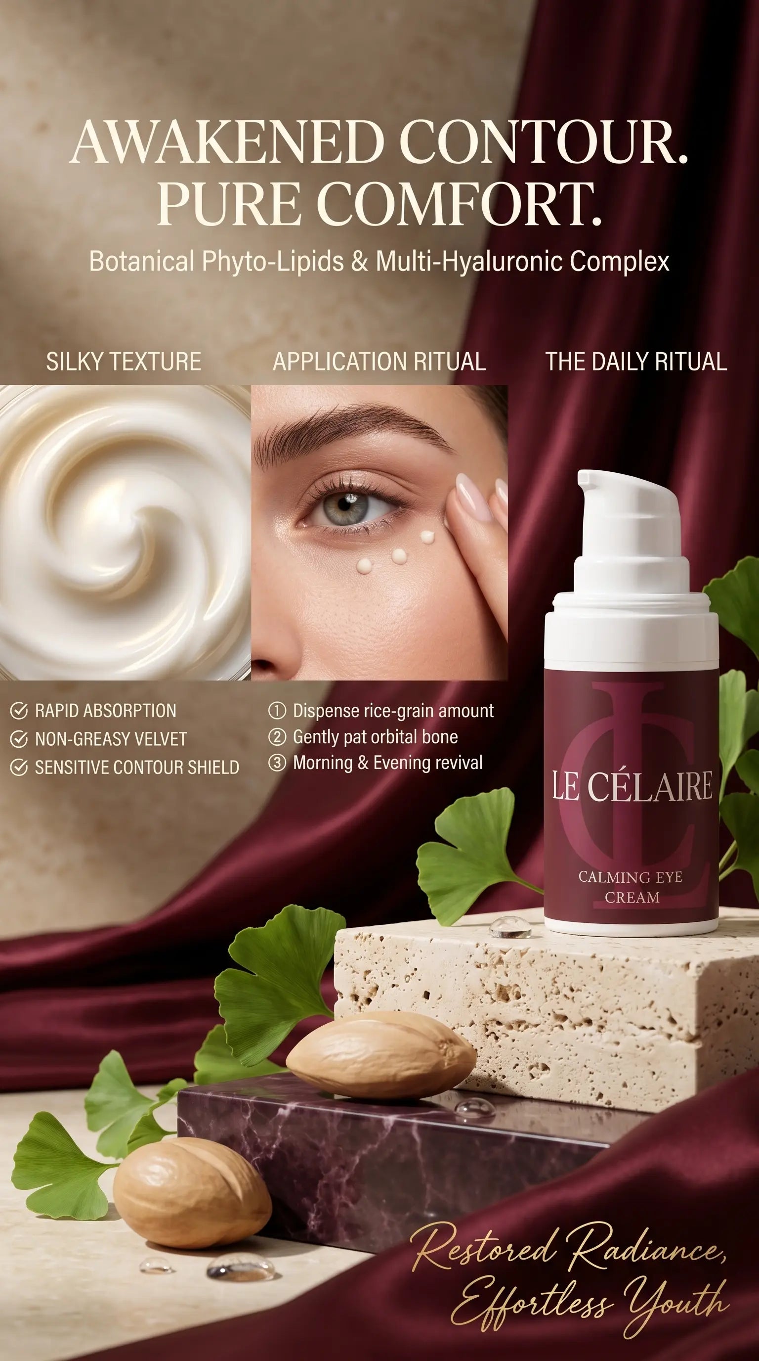 Le Célère Calming Eye Cream bottle displayed on a marble block with ginkgo leaves and nuts, set against a dark burgundy draped fabric background with informational text overlays.