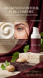 Le Célère Calming Eye Cream bottle displayed on a marble block with ginkgo leaves and nuts, set against a dark burgundy draped fabric background with informational text overlays.