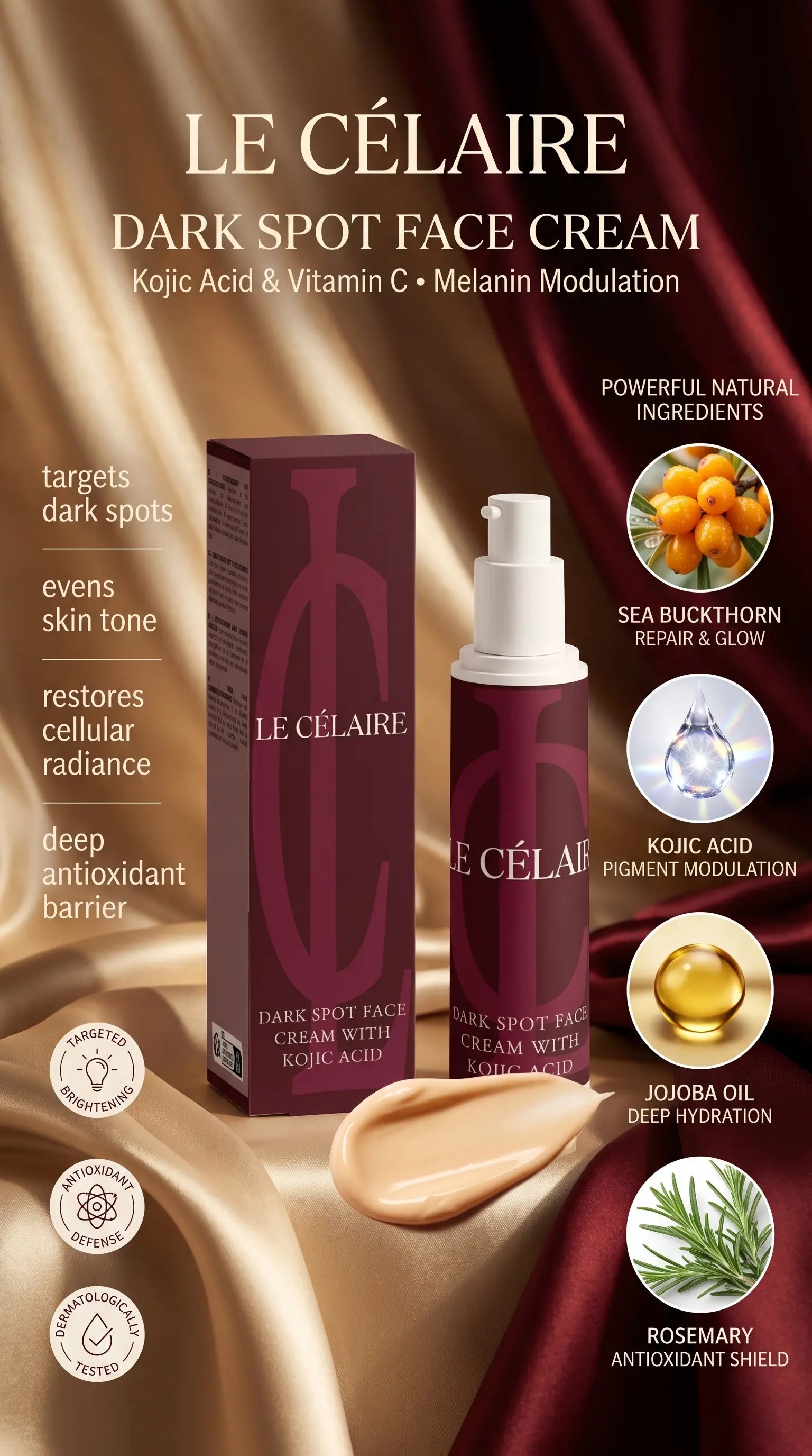 Le Célaire Dark Spot Face Cream bottle and box displayed on a draped gold and burgundy satin background, with ingredient callouts and text describing benefits such as targeting dark spots, even skin tone, cellular radiance, and pigment modulation.
